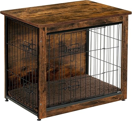 DWANTON Mueble de jaula para perros con cojín, mesa de madera para perros, muebles de perro de doble puerta, perrera de interior, casa de perro,