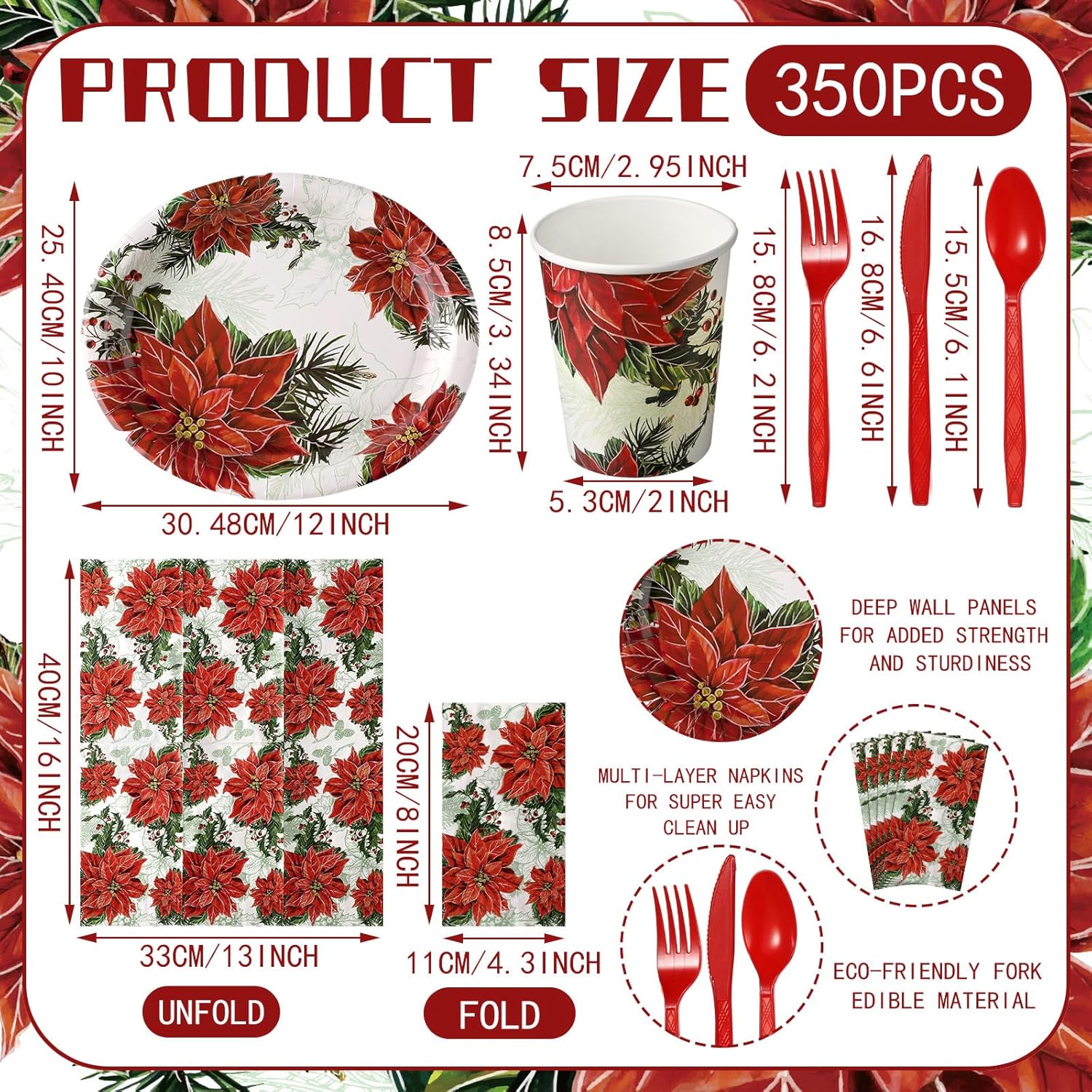 Umigy 350 Pcs Christmas Oval Paper Plate and Napkin Christmas Paper Dinnerware Set for 50 Guests Vintage Tableware Disposable Cup Knife Fork Spoon for Xmas Holiday Party Supplies(Red,Poinsettia)