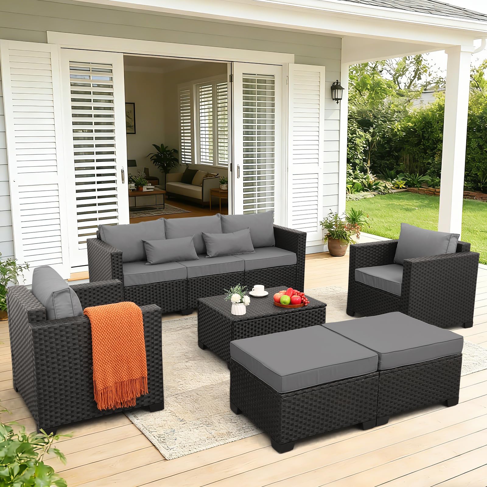 Rattaner Patio Wicker Furniture Set 6 Pieces Outdoor HDPE Wicker Conversation Couch Sectional Chair Sofa Set with Grey Cushions