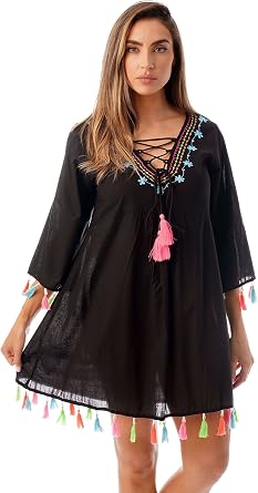 Riviera Sun Swimsuit Beach Cover Up for Women with Neon Tassels and Embroidery