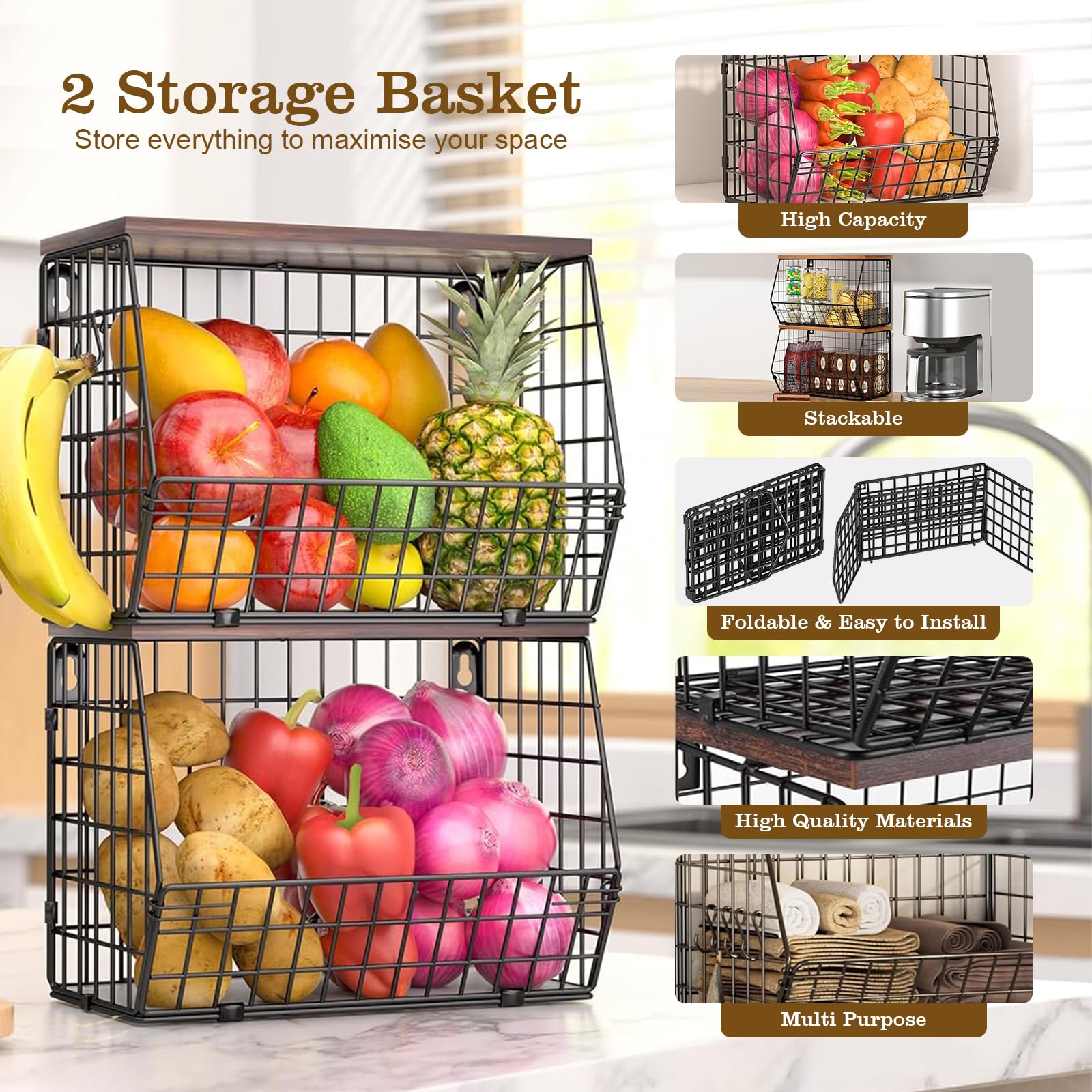 2 Pezzi Portafrutta Appendere, 30 × 15,5 × 21,5 cm Cesto Frutta in Metallo per Cucina con Coperchio in Legno con 4 Ganci, Impilabile e Montabile a Parete per Conservare frutta e Verdura, Nero