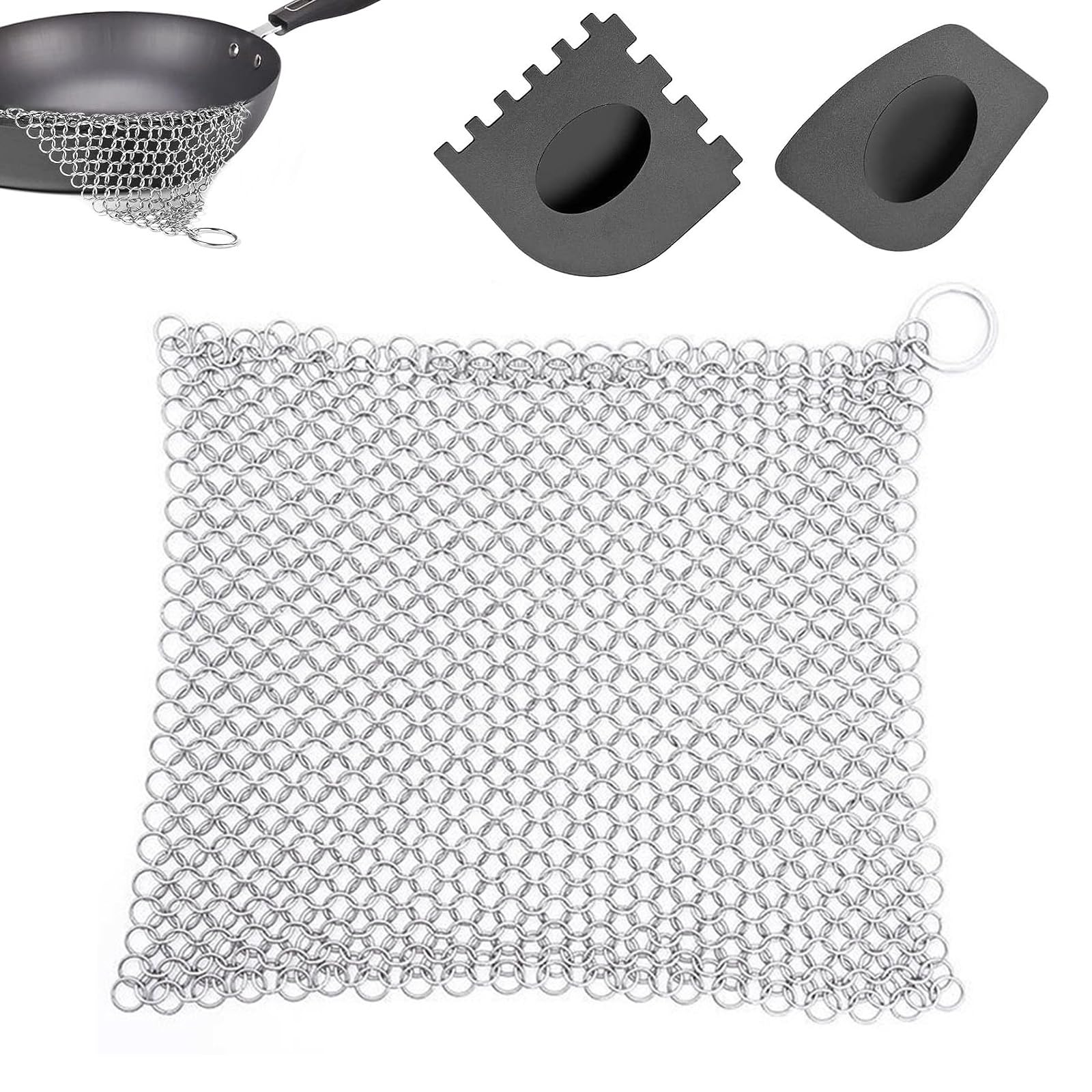 Nettoyeur de Fonte en Acier Inoxydable 18 x 18cm Cote De Maille Hollandais Cotte De Maille Avec Racloir En Plastiquenettoyant pour Tous Les Types de Poêles, Grilles et Fours Hollandais