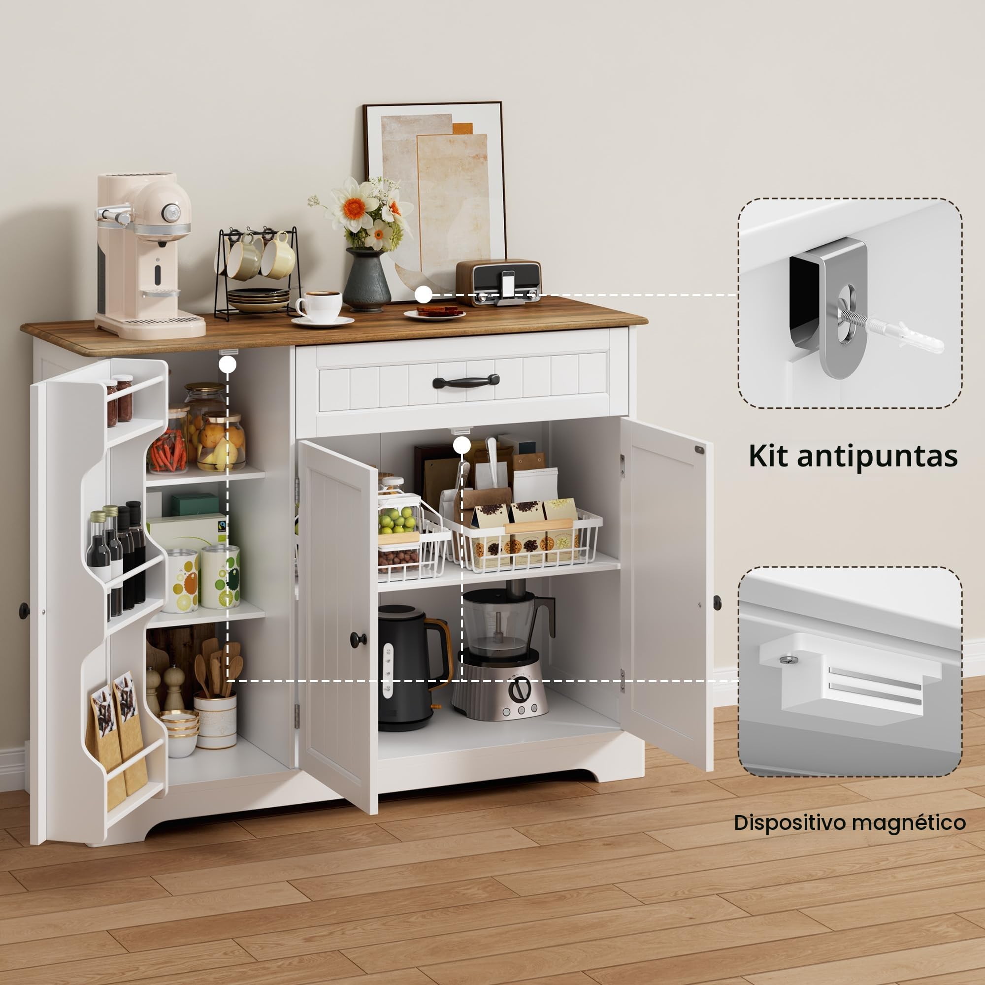 Xbro Aparador de Cocina con Cajón y Puertas, Mueble Auxiliar de Almacenaje con Estantes, para Cocina, Salón o Comedor, de Estilo Moderno, 105×40×84,5 cm