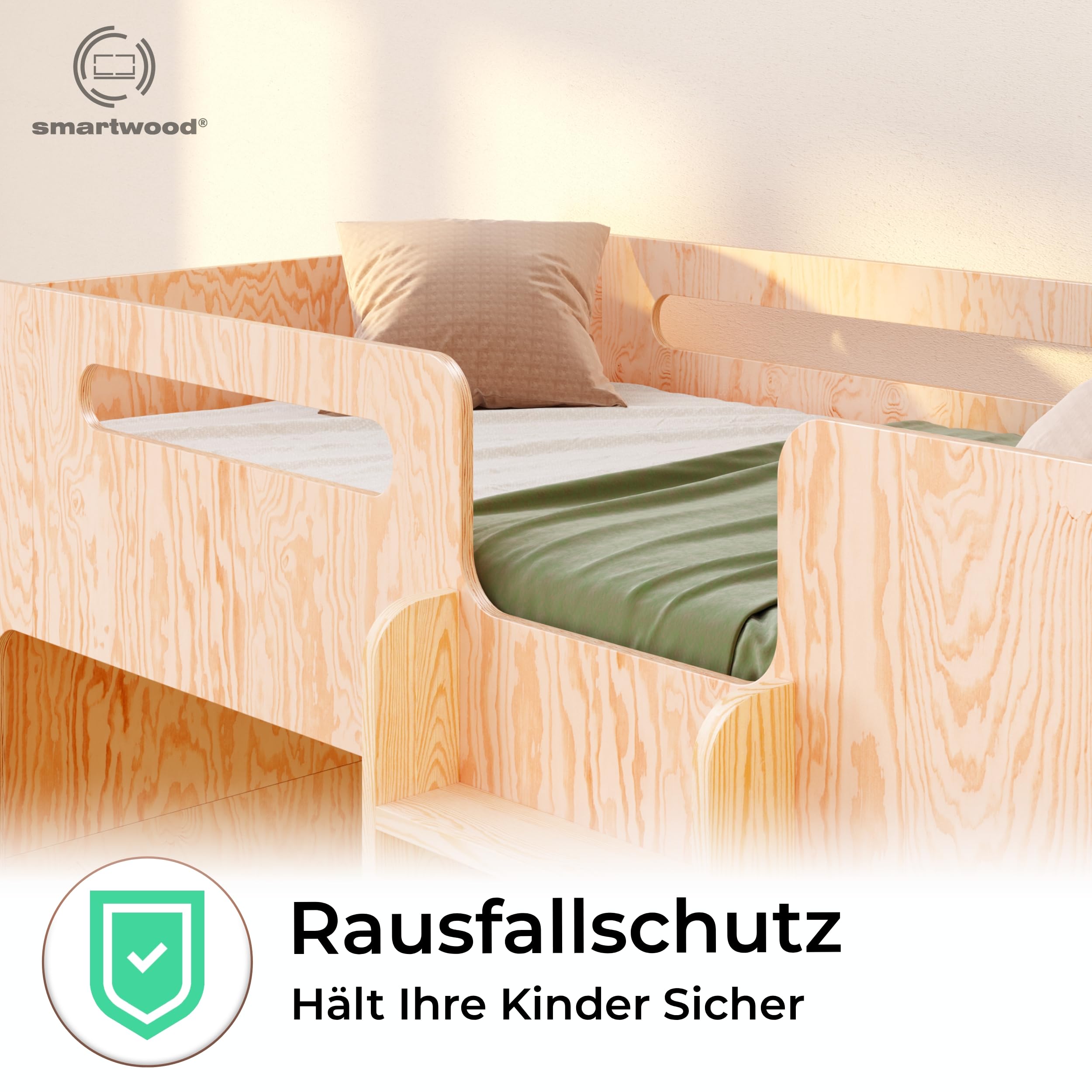 smartwood Etagenbett 90x200 cm mit Rausfallschutz, Holz, Mimi B | Stockbett für 2 Kinder, Lattenrost: unterer bis 230kg; oberer bis 130kg, FSC Kiefernsperrholz, abgerundete Kanten, ab 3 Jahre