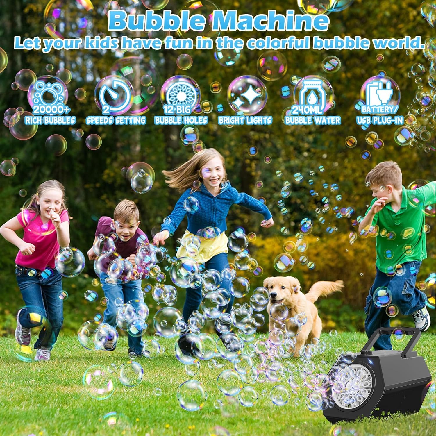 Neue Seifenblasenmaschine, Automatische Seifenblasenmaschine Kinder 10000 Blasen/Minute mit 240ML Tank, Blasenmaschine Geschenk für Kinder/Geburtstag/Party, Bubble Machine