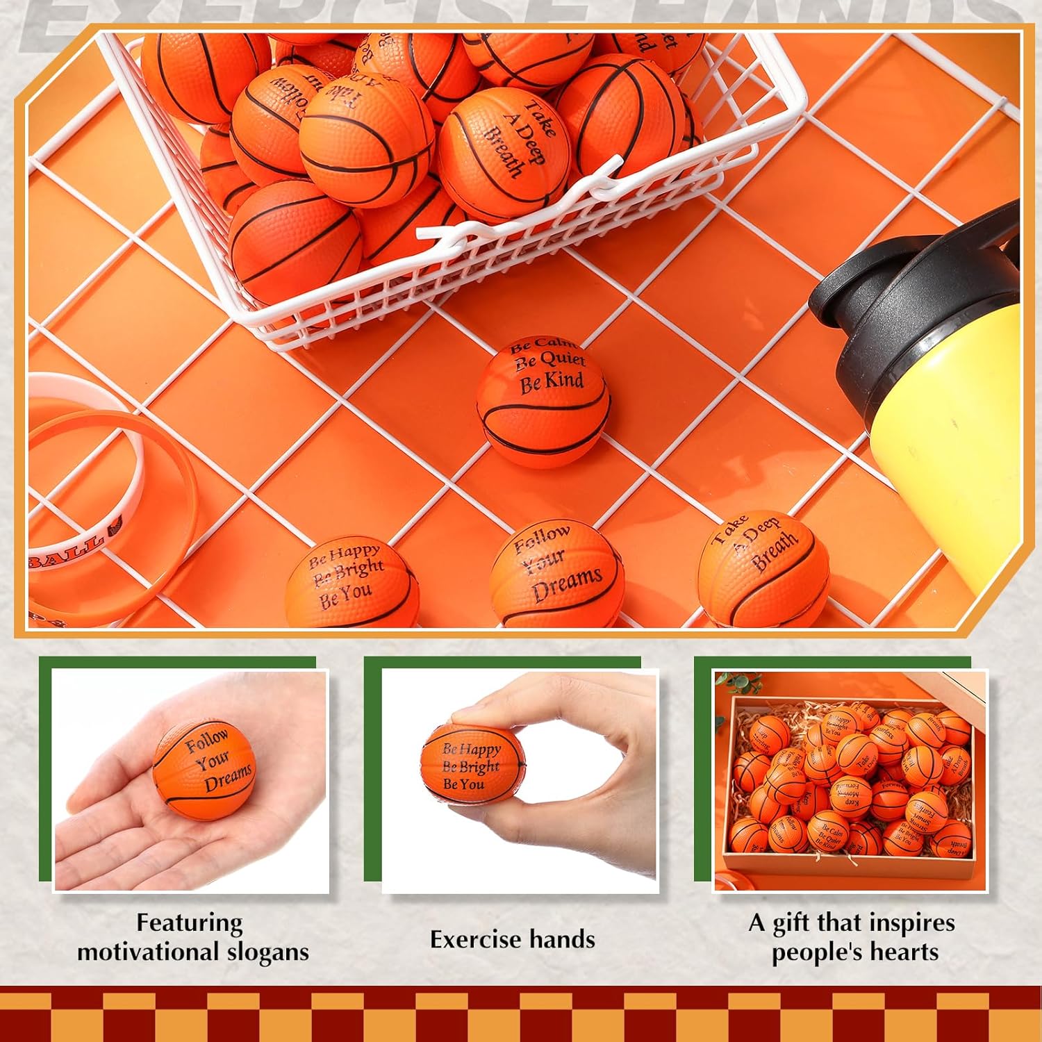 Blulu 30 Pack Mini Basketball Stress Balls with Motivational Quotes Foam Squeeze Sports Toys for Anxiety Relief Sports Theme Party Favors School Rewards Birthday Gifts for Kids Adults(Brown)