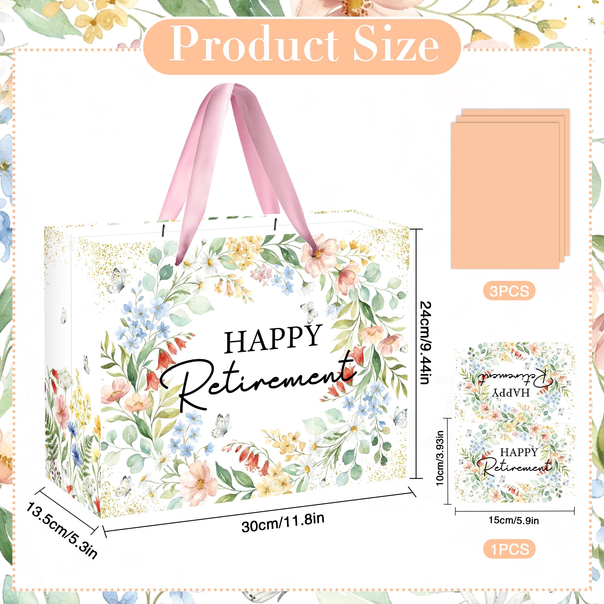 MOIZYNG Retirement Gift Bag with Handles, Tissue Paper and Greeting Card, Floral Happy Retirement Wrapping Paper for Men Women Office Coworker Farewell Going Away Party Favors