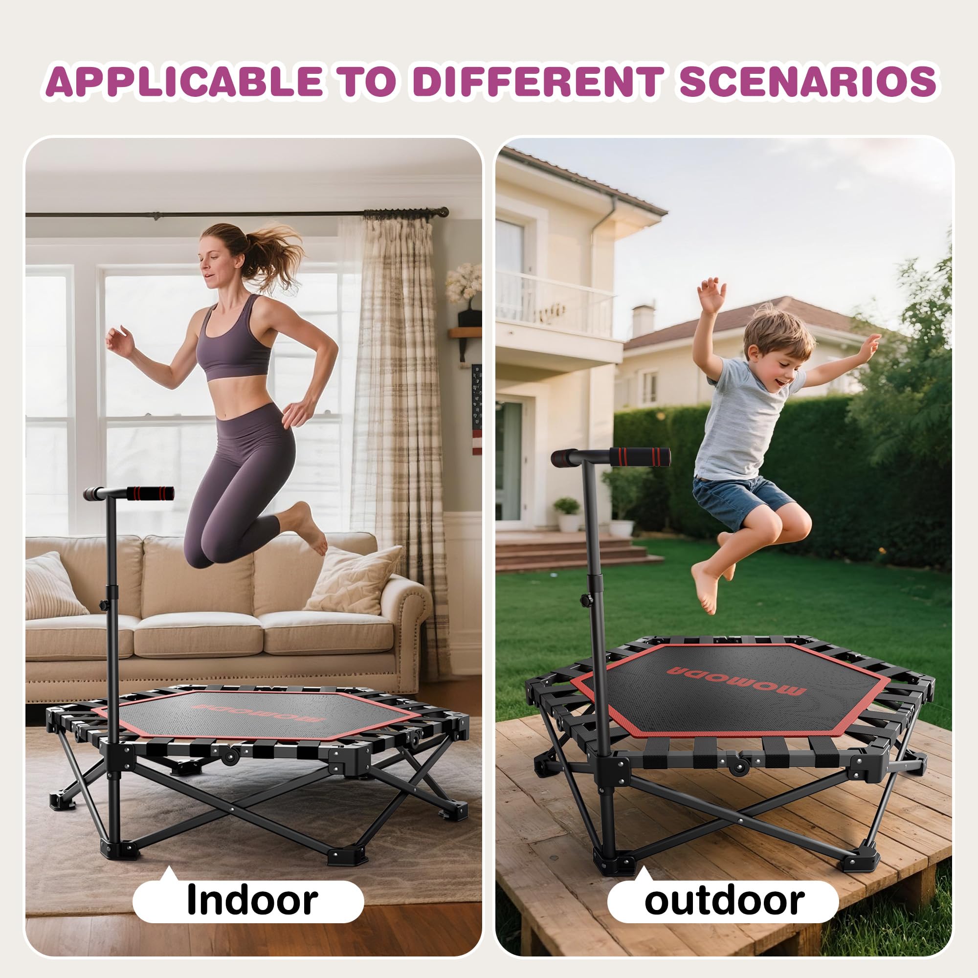 MOMODA Mini Trampoline de 76,2 cm/114,3 cm pour Enfants et Adultes, Trampoline d'exercice Pliable avec poignée, Charge maximale de 90,7 kg