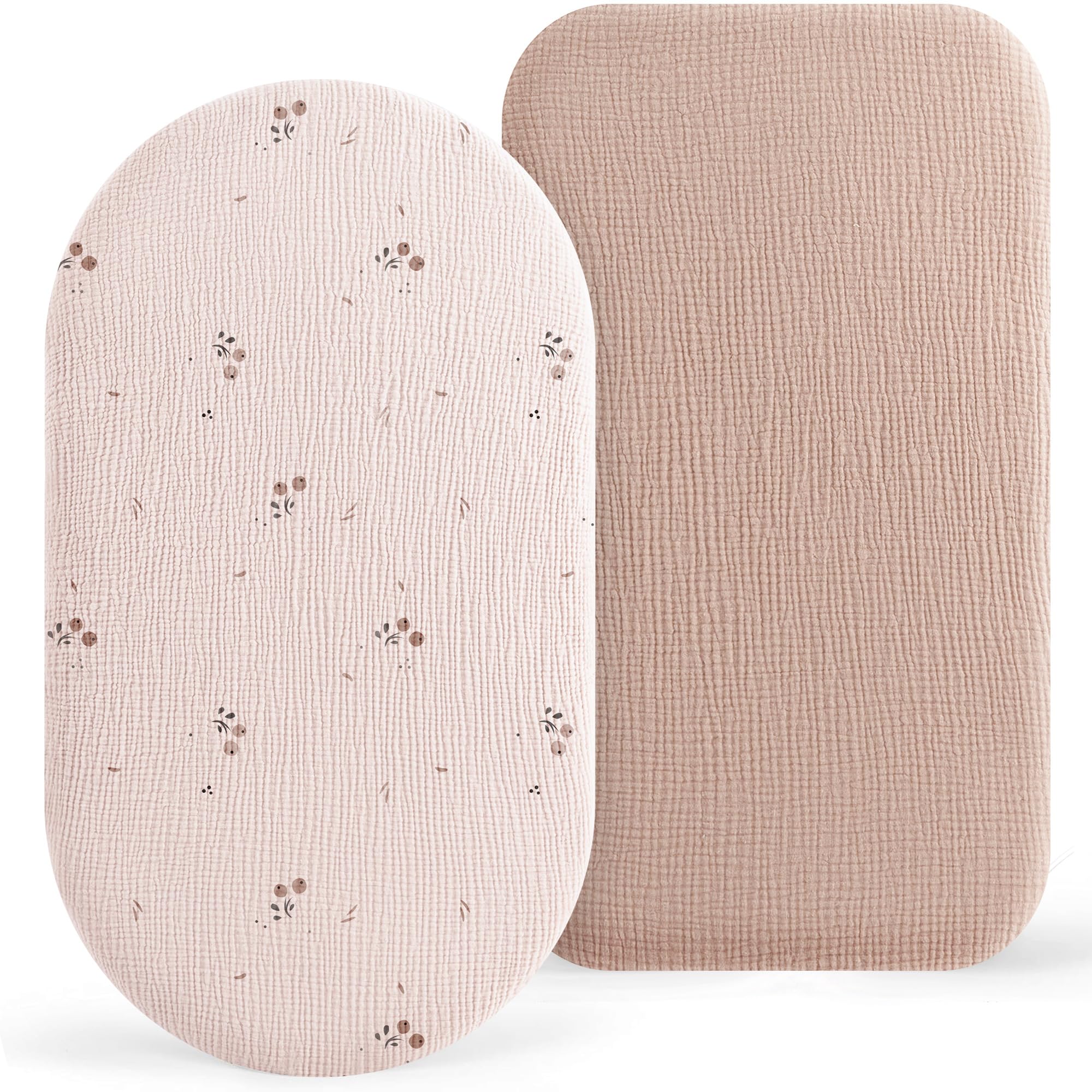 Susurration Musselin Stubenwagen Spannbettlaken 2er Set,100% Baumwolle Bettlaken Kinderwagen Matratzenschoner Spannbettlaken für Kinderwagen 90x50cm (Orangenblüte)