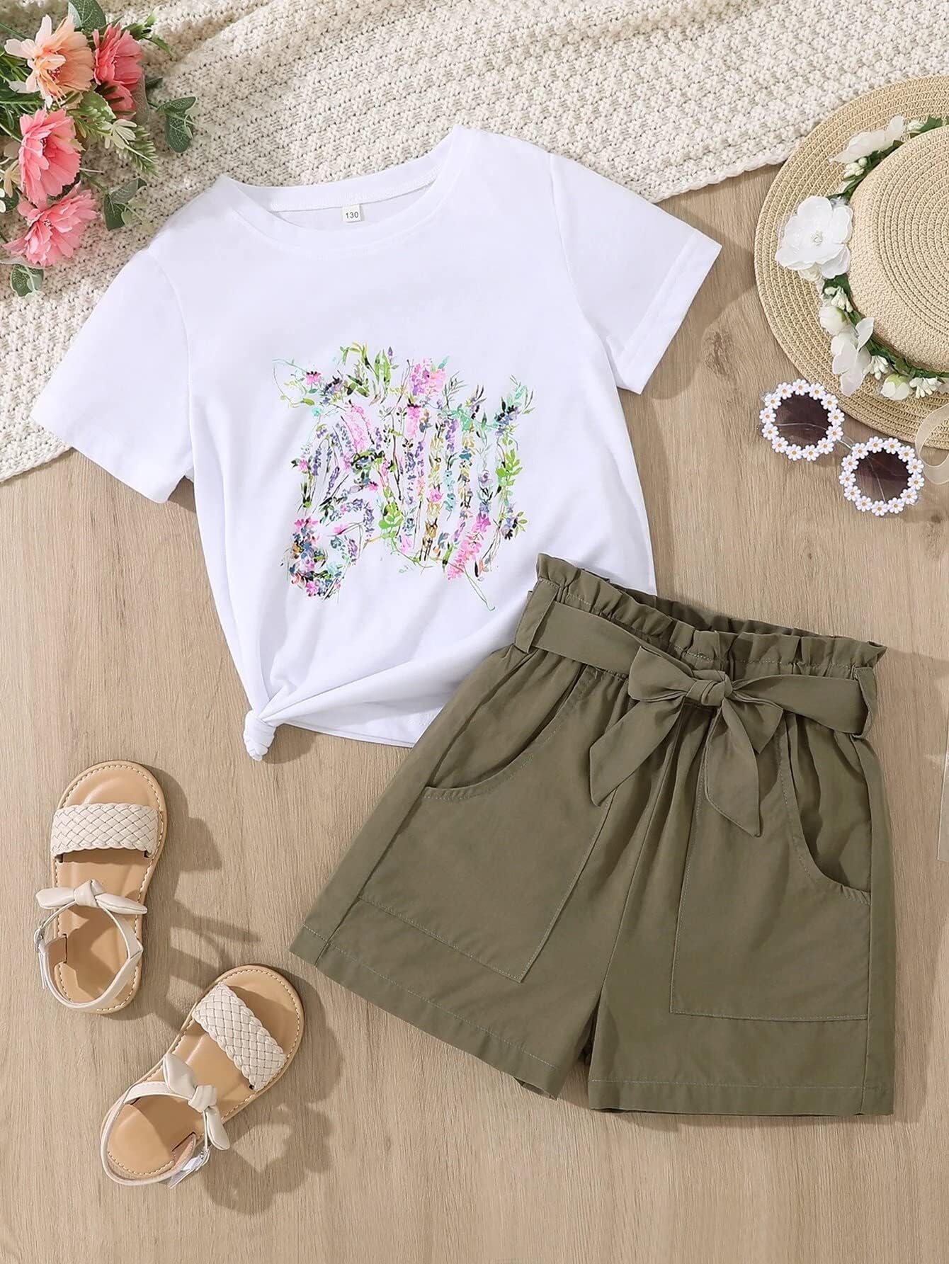 KIDLAGA Conjunto de ropa de verano para niñas pequeñas, con estampado floral, volantes, sin mangas, con cinturón, pantalones cortos