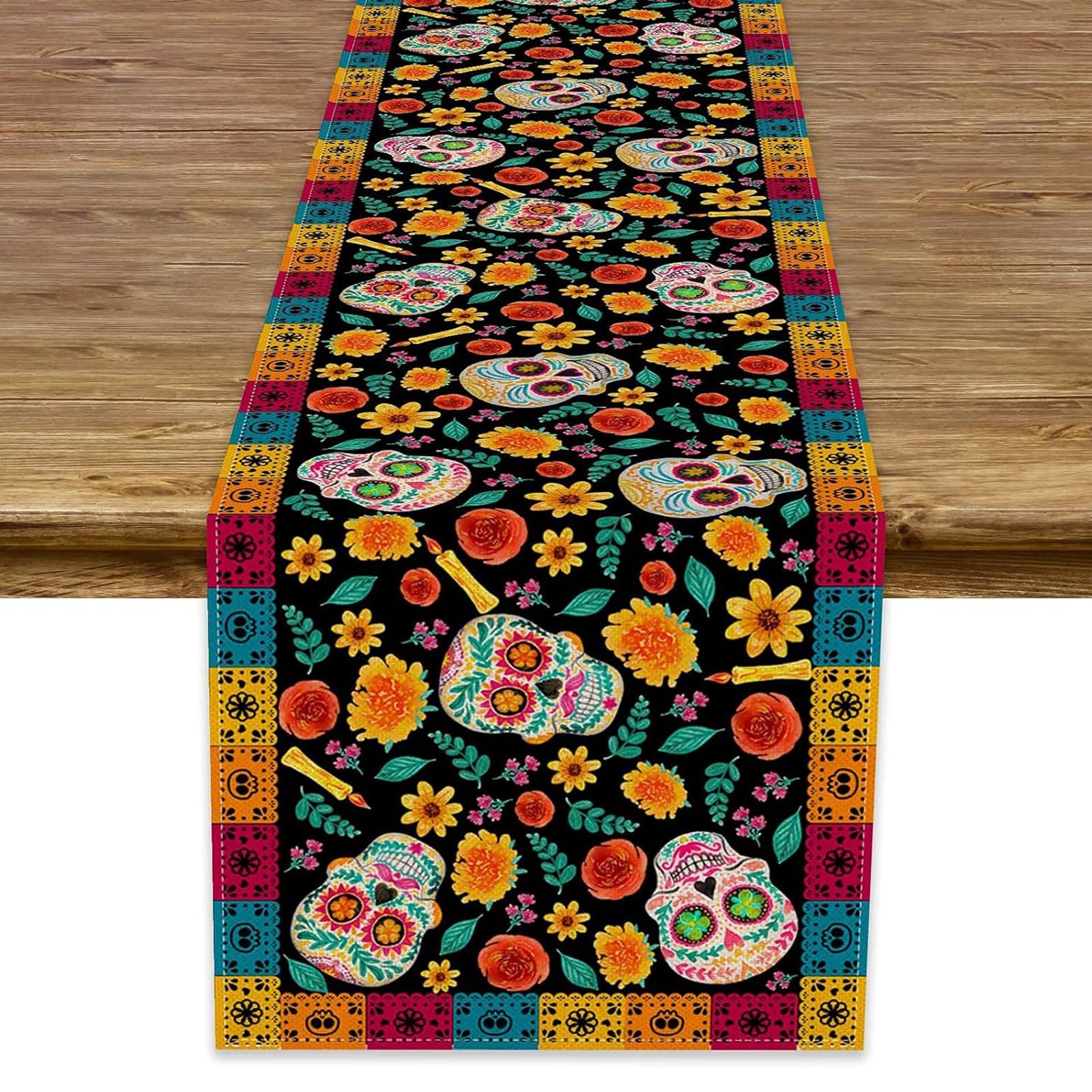 Day of the Dead Table Runner,33*183cmMexico Linen Dia De Los Muertos Sugar Skull Table Decorations for Halloween Party Home Kitchen Dinning Room Fireplace Table Runner