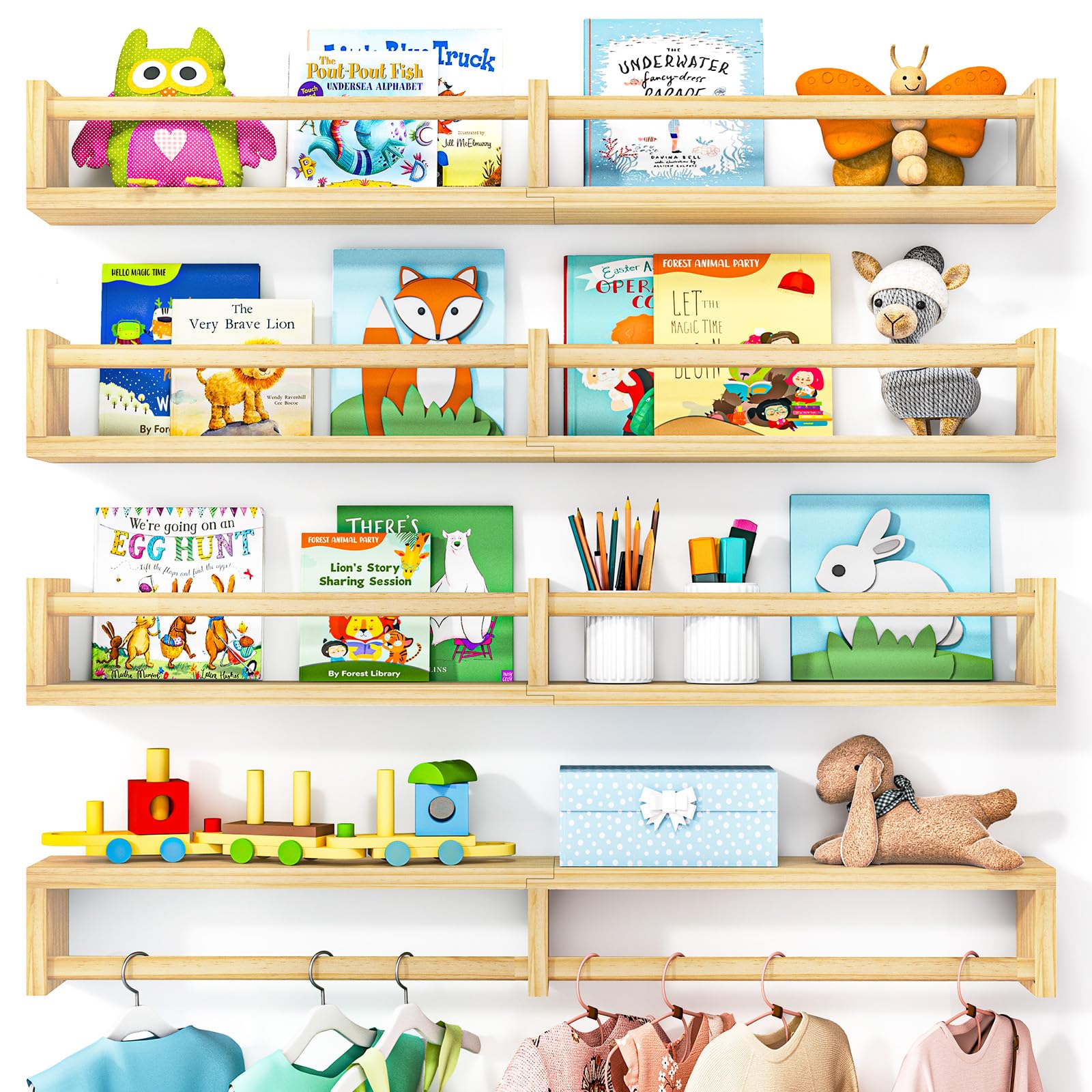 Fixwal Nursery Book Shelves, 32 Inch Floating Bookshelves for Wall Set of 4, Baby Nursery & Playroom Decor, Solid Wood Wall Mounted Shelves for Books and Toys Storage (Natural Wood)