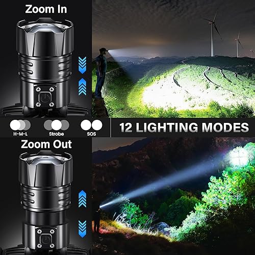 Miniatura 4 de FINICO Linterna frontal LED recargable de 990000 lúmenes altos, 95 horas de luz de cabeza de larga duración con zoom e impermeabilidad IPX7 y 12