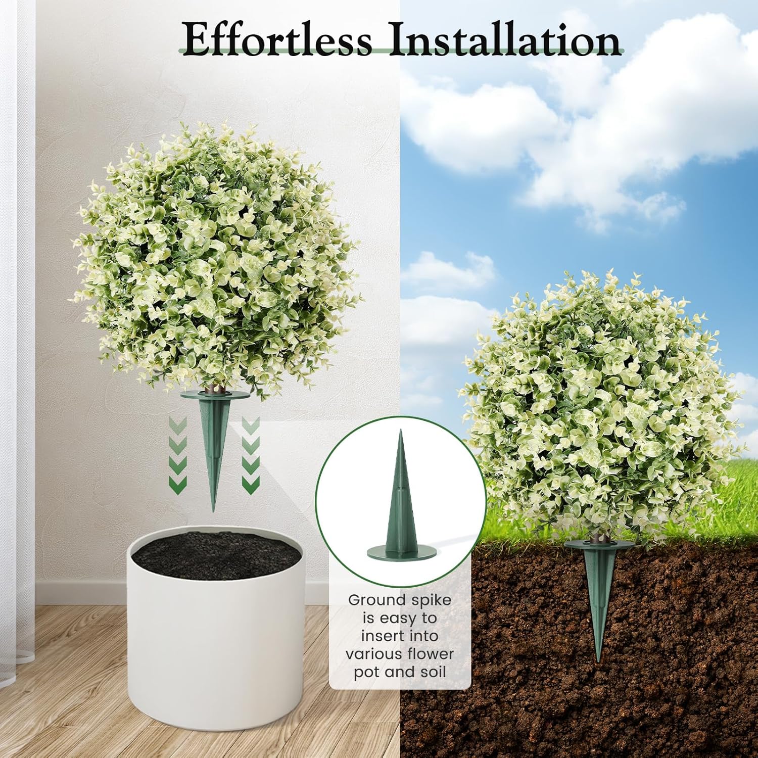 Lewondr Artificial Boxwood Topiary Ball Trees, 22.83'' Fake Plants Outdoor with Ground Spike, Set of 2 UV and Fade Resistant Faux Greenery Shrubs for Outdoor Indoor Front Porch Garden, Gradient White