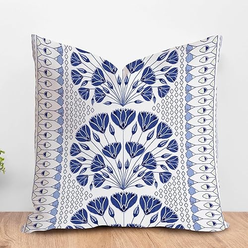 ArogGeld Fundas de cojín de lino blanco con diseño geométrico floral azul Ikat, fundas de cojín de lino blanco y azul con geometría para sofá, sala
