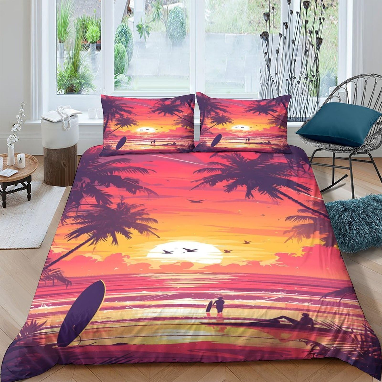 Ctjqhvkz Style-6 3D Printed Sunset Beach Fitted Sheet Microfiber Soft Palm Tree Mattress Cover For Bedroom Guest Room Decor Single（135X200cm）