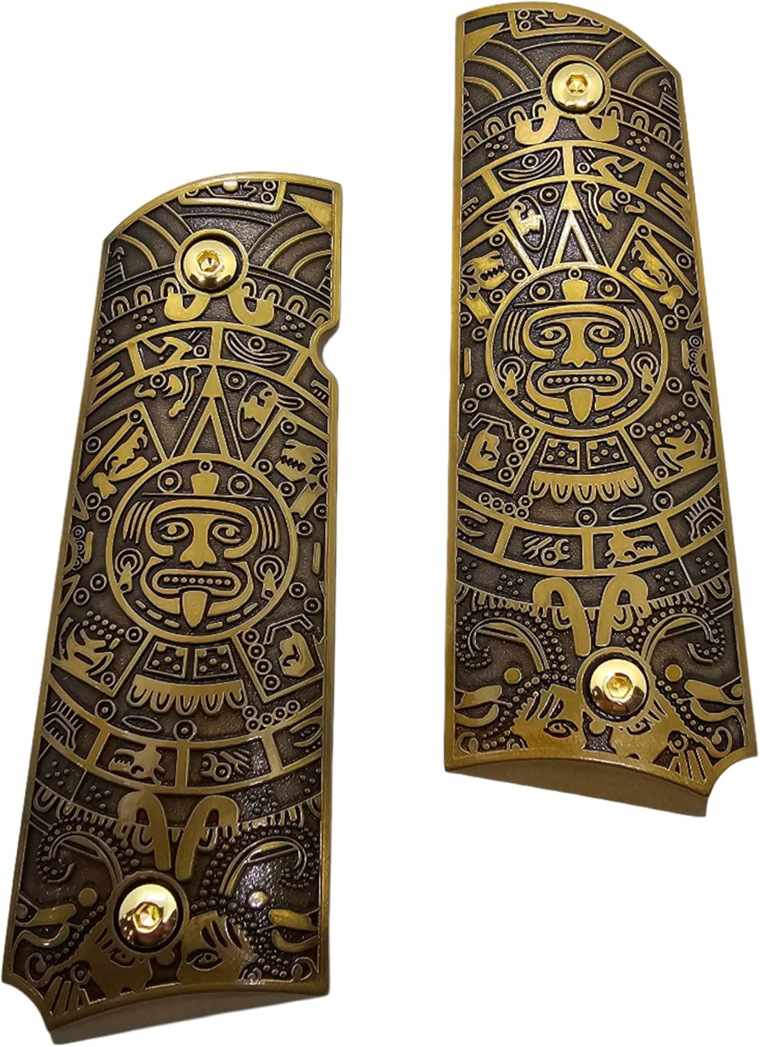 Aztec Calendar 1911 Fullsize Grips and Clones, Metal Grips Gold, Full Size (Government/Commander), Screws Included, Ambi Safety Cut
