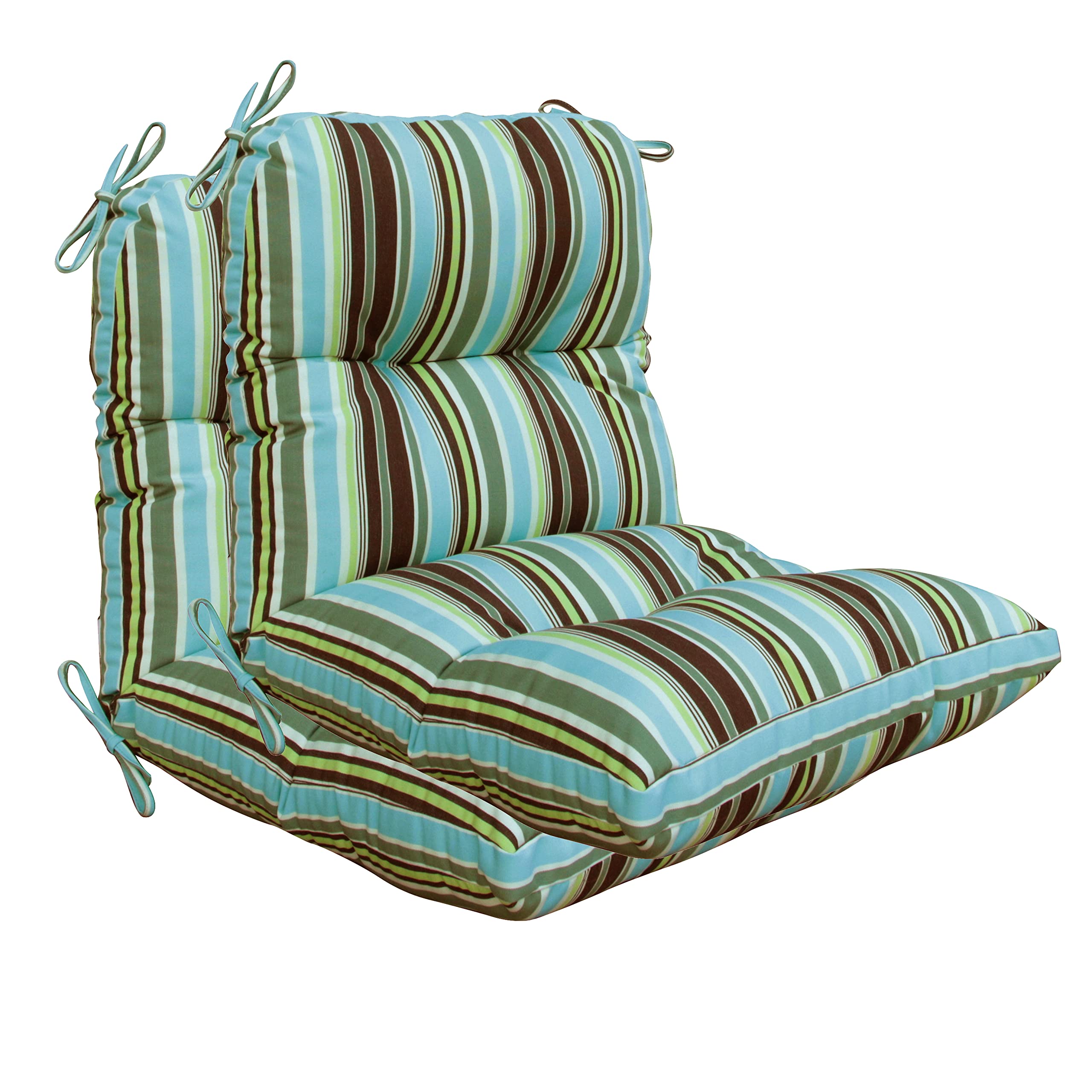 BOSSIMA Outdoor Indoor High Back Chair Tufted Cushions Comfort Replacement Patio Seating Cushions Set of 2 Green/Coffee/Blue Stripe