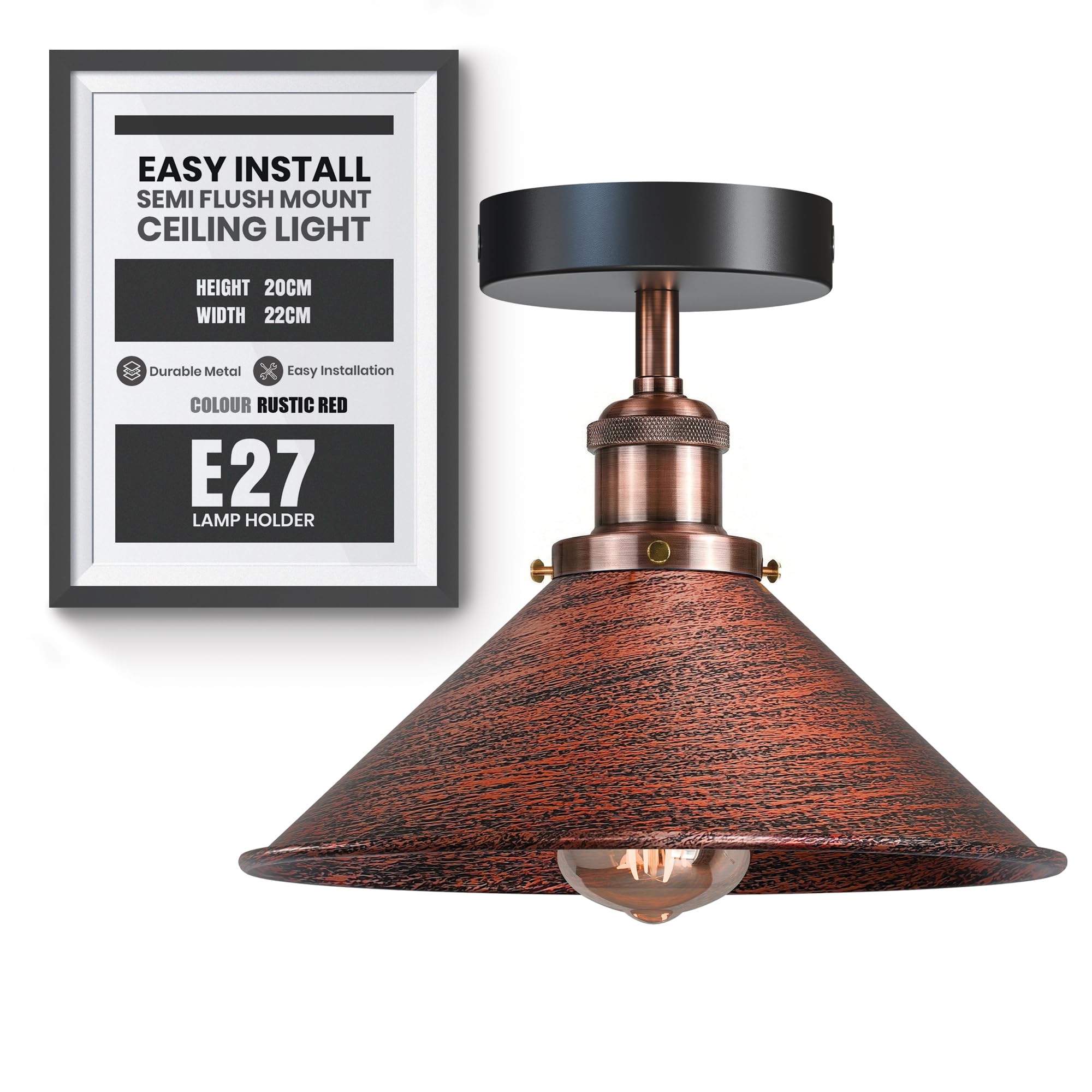 Vintage Flush Mount Ligthing Metal E27 Base 22cm Rustic Red Cone Lampshade Indoor Ceiling Lights for Bedroom, Kitchen, Hallway Without Bulb — image 1
