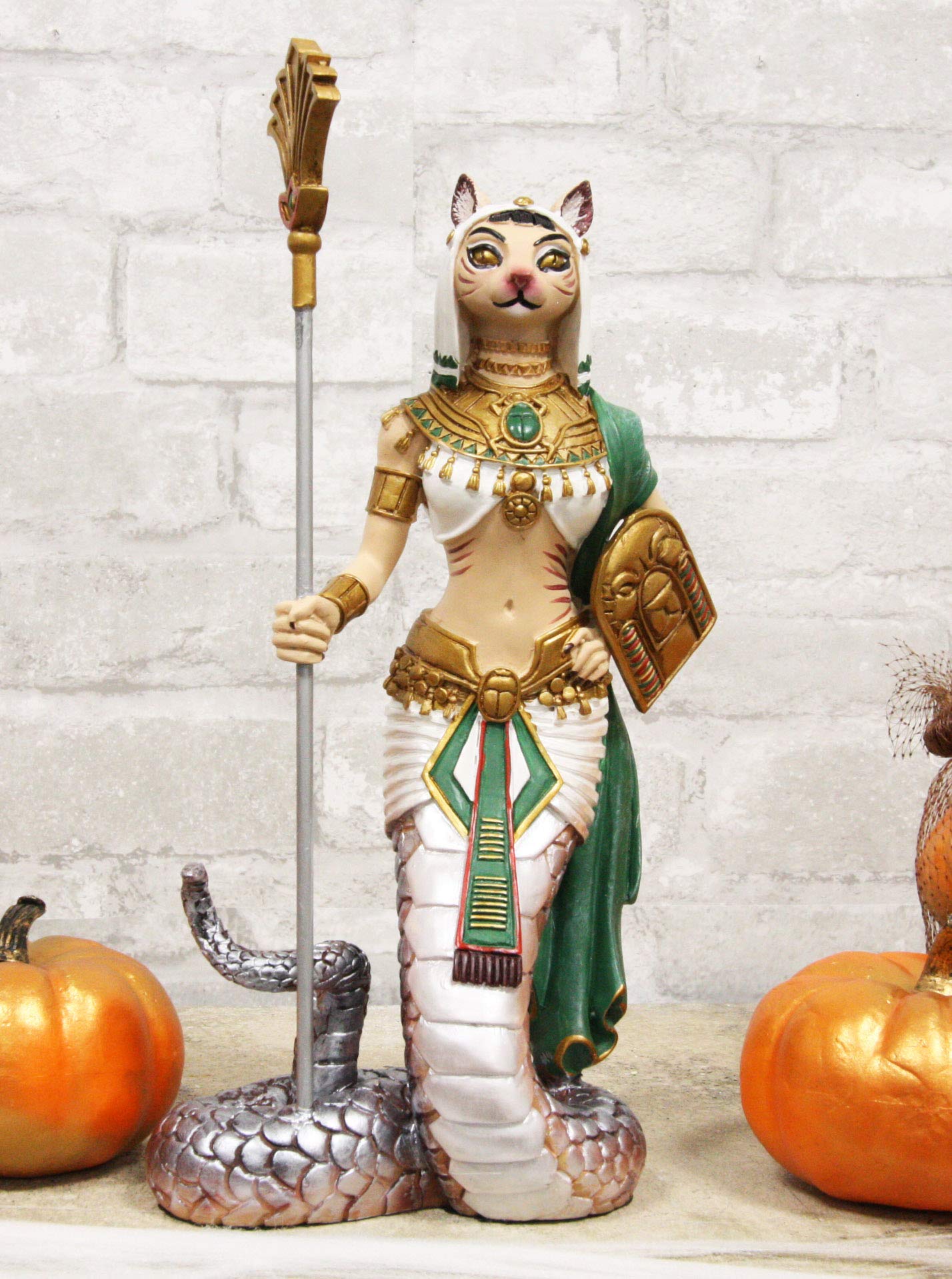 Ebros 11"H Egyptian Feline Goddess Bastet Cat With Slain Snake Apep Tail Holding Spear & Shield Stat