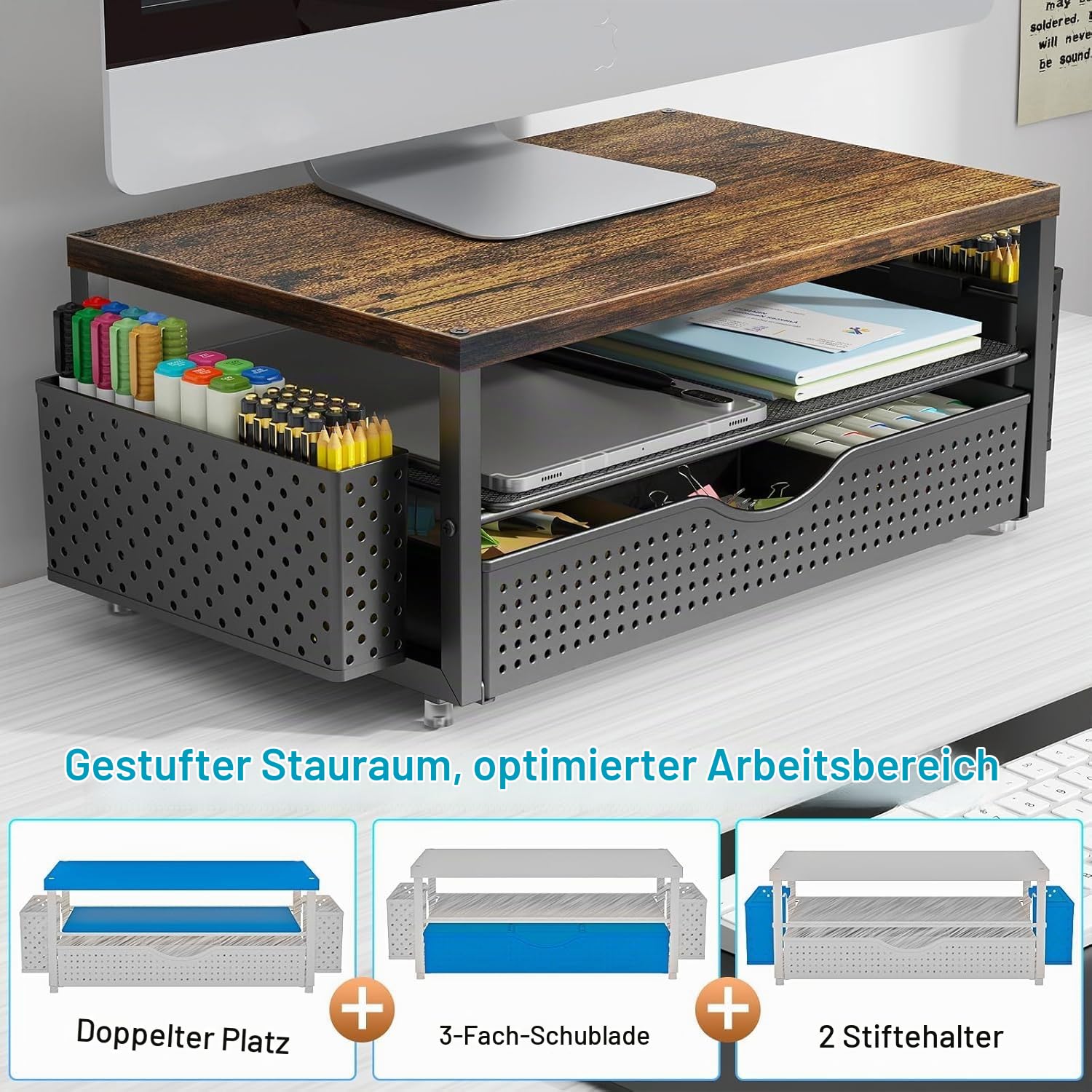 gianotter Monitorständer aus Holz, Büro-Schreibtisch-Organizer, Schreibtisch-Organizer mit Schublade und Stifthalter, 2-stöckiger Computerständer, Büroorganisation (Holz)