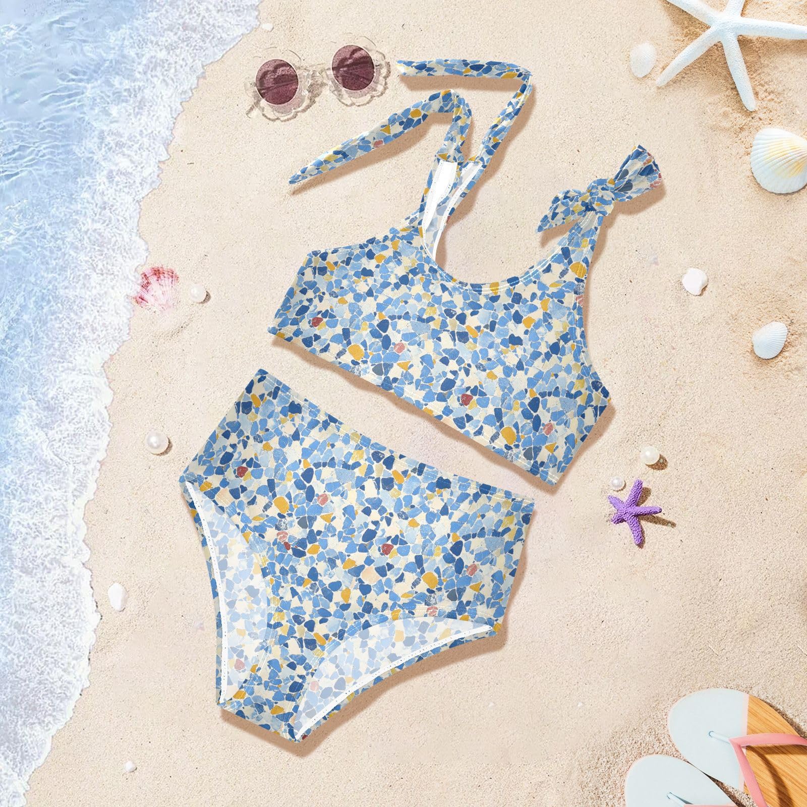 Ink Blue Pattern Girls Two Piece Tankini Swimsuits Summer Bathing Suit Beach Swimwear Set, 5-6T