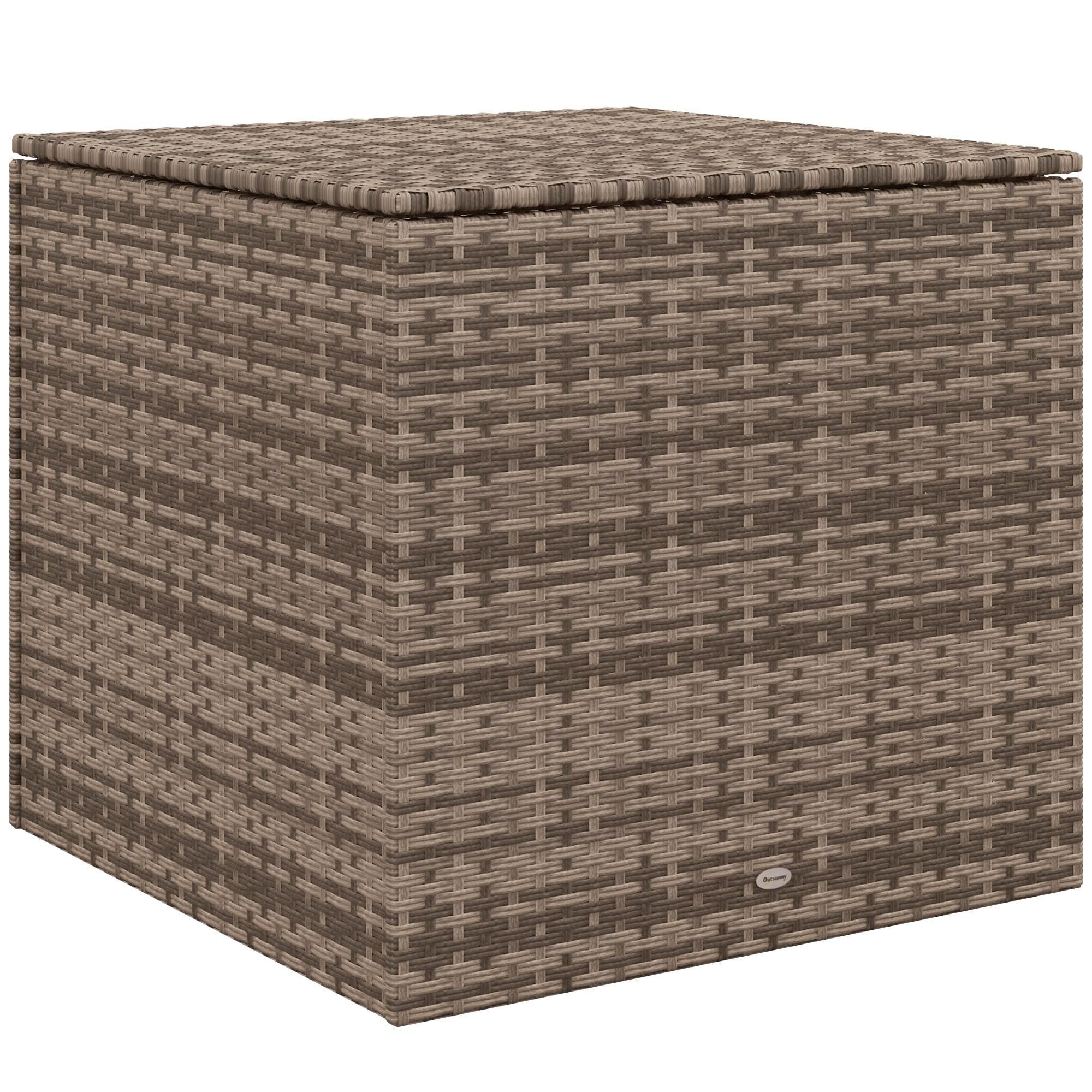 Outsunny Baule da Esterno in Rattan PE, Acciaio e tessuto Oxford, Panca Contenitore con Fodera Interna e Barra Pneumatica, 75x75x70 cm, Nero e color Sabbia