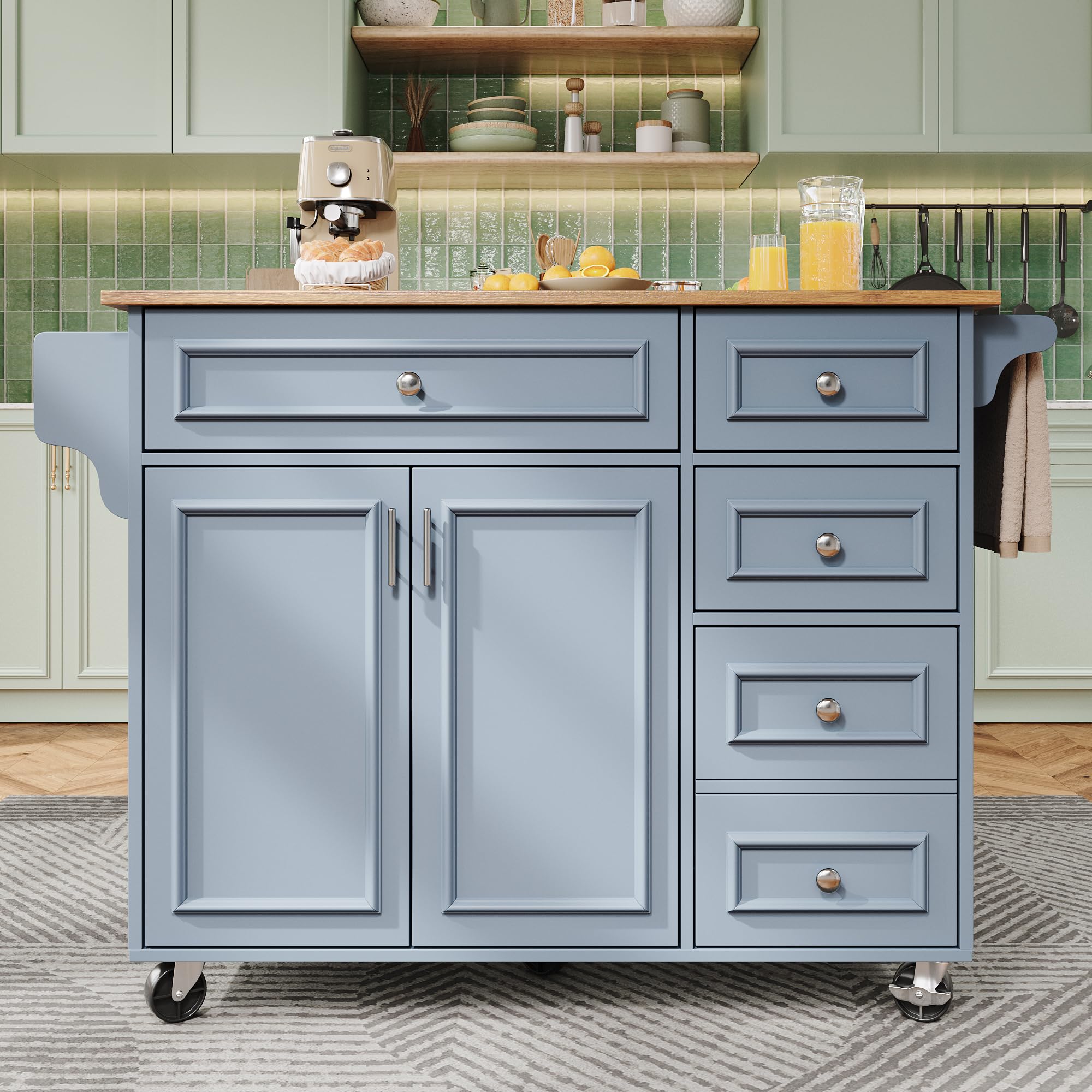 TIZZ Isola da cucina, 110 x 45 x 75 x 92 cm, moderna credenza da cucina, carrello da portata rimovibile, stile vintage, tavolo da pranzo multifunzione con spazio di archiviazione, blu