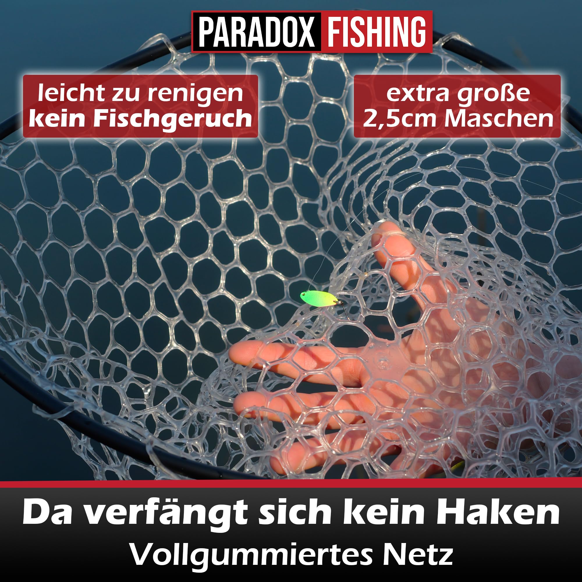Paradox Fishing Retino per trote, 1,9 m, per laghetto trota, rete in gomma trasparente per un minimo effetto abrasivo, retino telescopico delicato sui pesci, 50 x 45 x 45 cm, testa rimovibile e manico