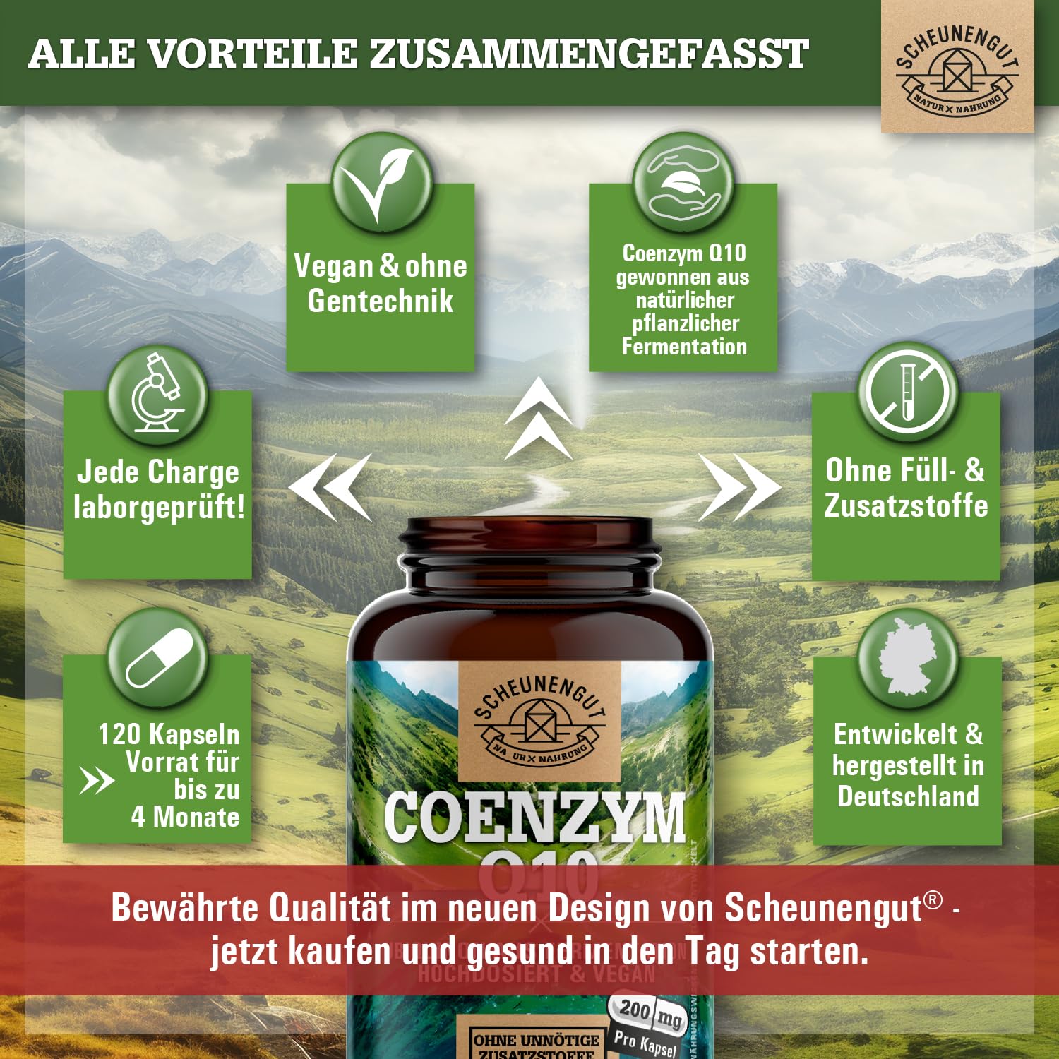Q10 200mg je Kapsel - WICHTIG: Q10 Kapseln Hochdosiert mit bioaktivem Ubiquinon -Coenzym Q10 aus Deutschland- Laborgeprüft und Vegan 120Stk DE SCHEUNENGUT®