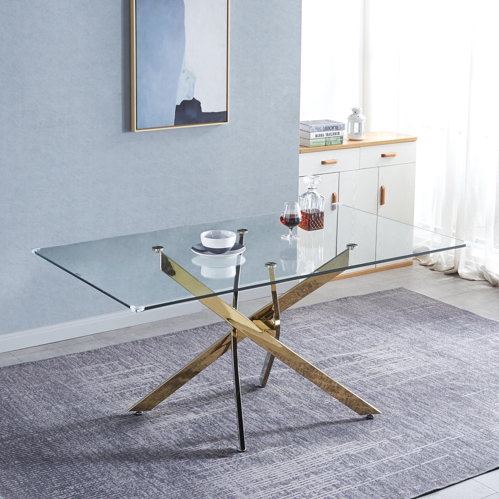 ModaWhly 63"" Glass Dining Table for 4-6, Modern Rectangular Kitchen Table with Tempered Glass Top & Gold Stainless Steel Legs, Glass Meeting Table