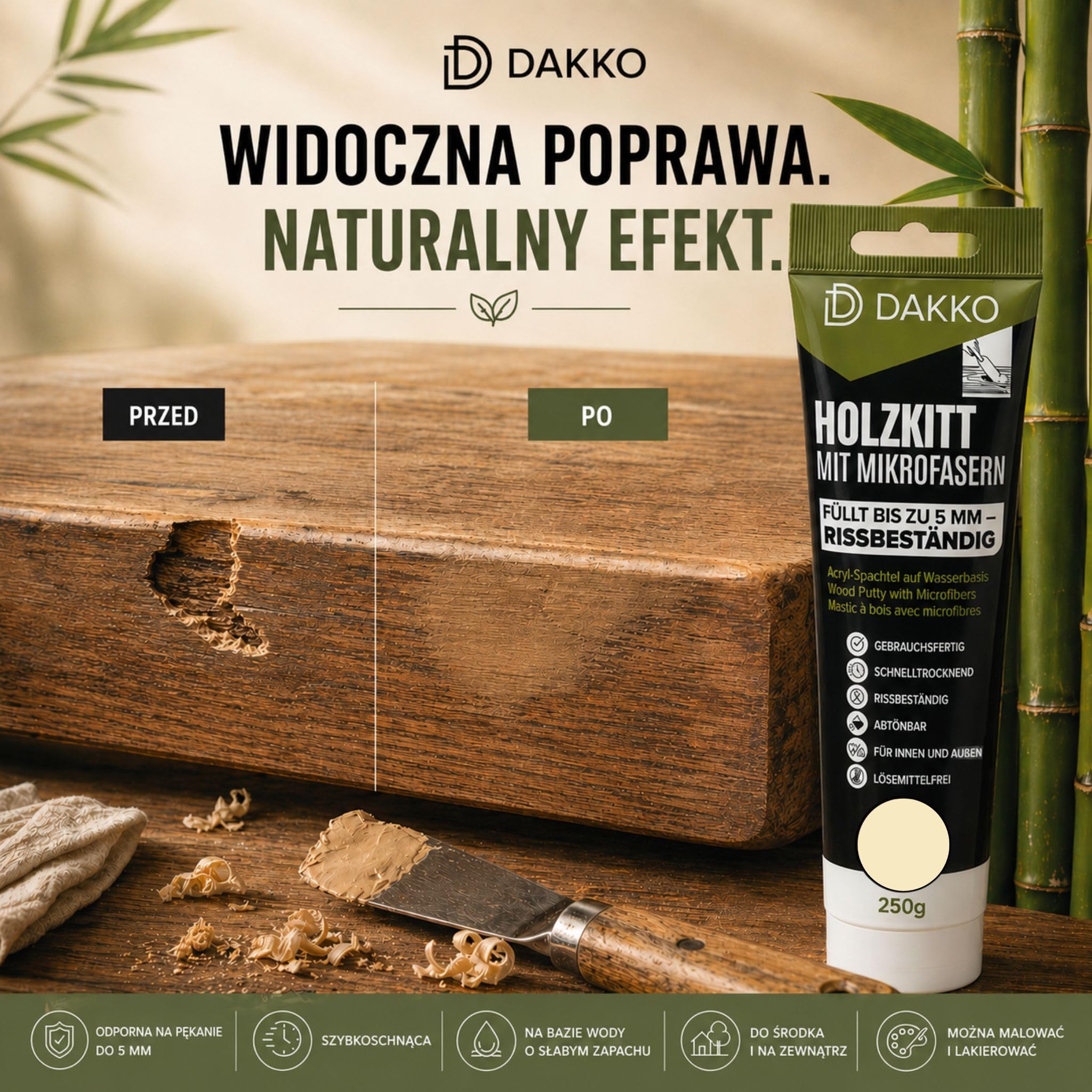 DAKKO Szpachlówka do drewna, 250 g Jasna Sosna - masa szpachlowa do drewna z mikrowłóknem bambusowym, do naprawy mebli, drzwi i pęknięć, do środka i na zewnątrz, szybkoschnący, odporny na pękanie