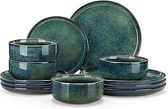 vancasso Starry 12 Pieces dinner plates set of 4, Green Reactive Glaze Dinner Set, Ceramic Dinnerware Sets, Dinner Salad Dessert Plates, and Cereal Bowls Set, Dishwasher and Microwave Safe