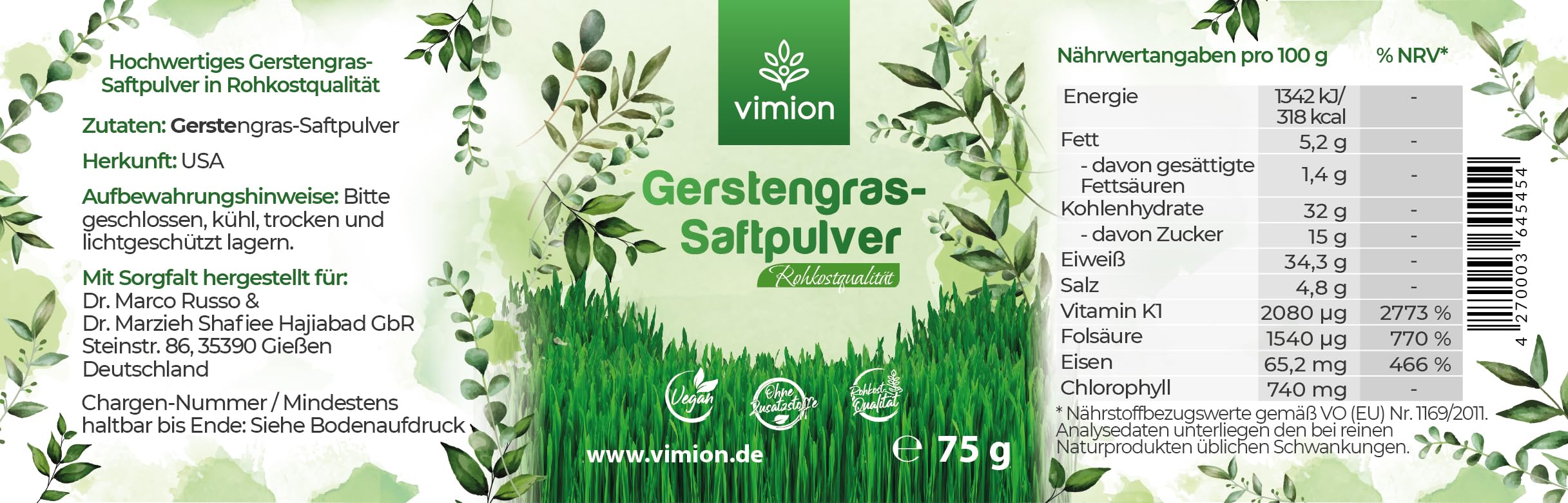 pures Gerstengras-Saftpulver - 75 g Premium-Rohkostqualität - natürlich reich an Eisen, Folsäure, Vitamin K & Chlorophyll - 100% vegan - Green-Superfood - Plastikfrei im Braunglas