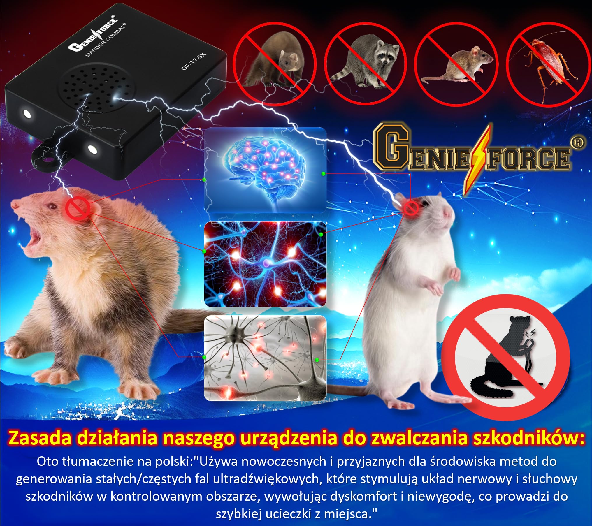 Genieforce® odstraszacz kun, urządzenie ultradźwiękowe do samochodów, łatwy montaż, wodoszczelny, przyłącze akumulatora samochodowego, GF-T7-5X