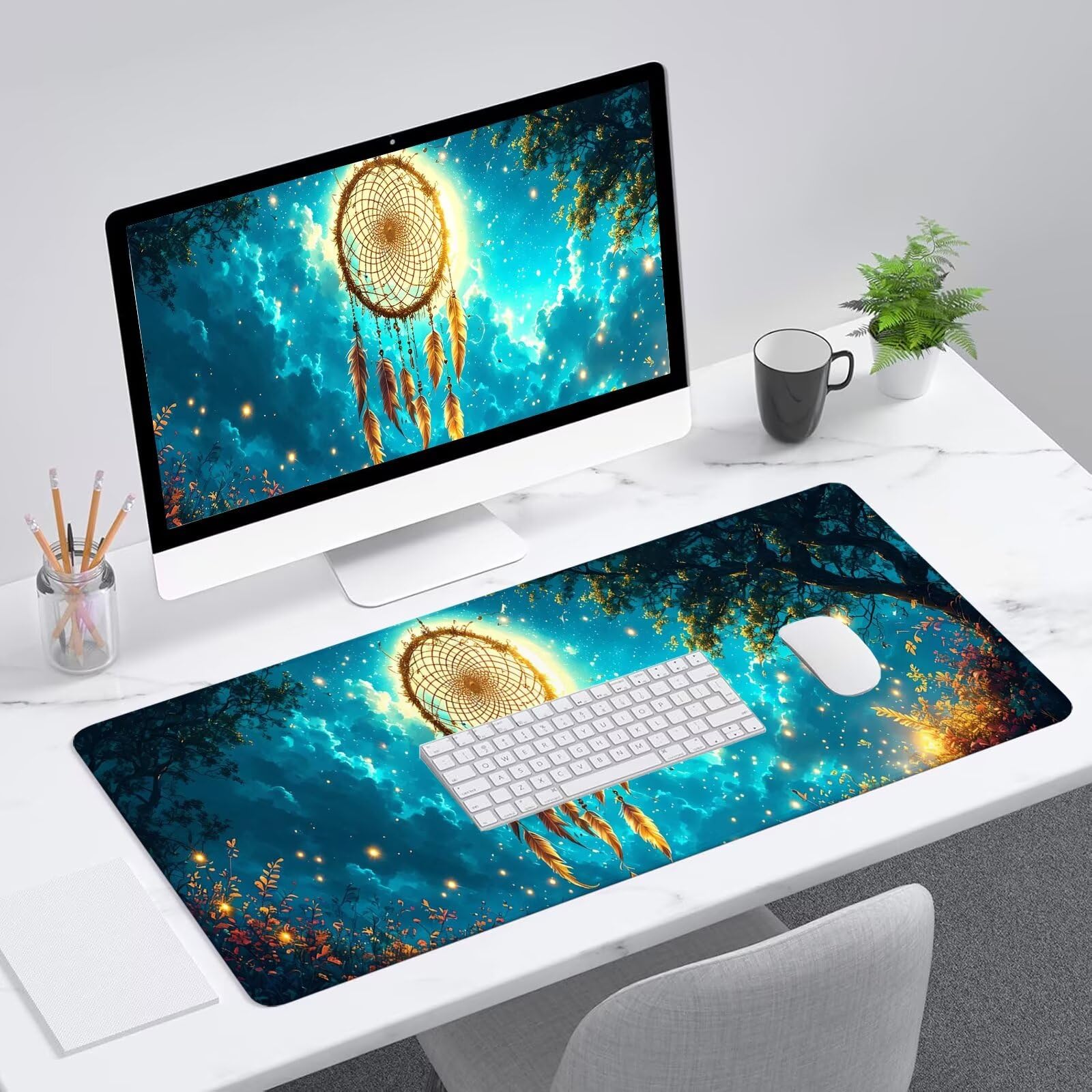 Blu Tappetino Mouse Gaming,Tappetino Mouse XXL 1200 x 500 mm,Tappetino Mouse Cacciatore di sogni,Mouse Pad con Base Antiscivolo,Bordi Cuciti Mousepad,Tappetino Mouse Gaming di Alta Precisione S-514