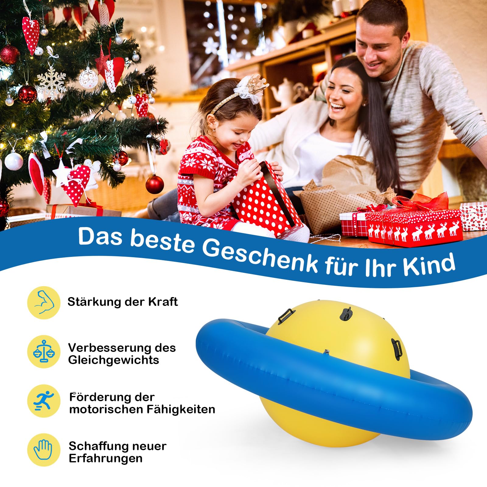 COSTWAY Aufblasbare Kuppelwippe für Kinder, 223 cm große Kinderwippe zum Rollen, Neigen, Klettern & Hüpfen mit 6 integrierten Griffen, Outdoor-Wippe für Kinder ab 5 Jahren (Gelb + Blau)