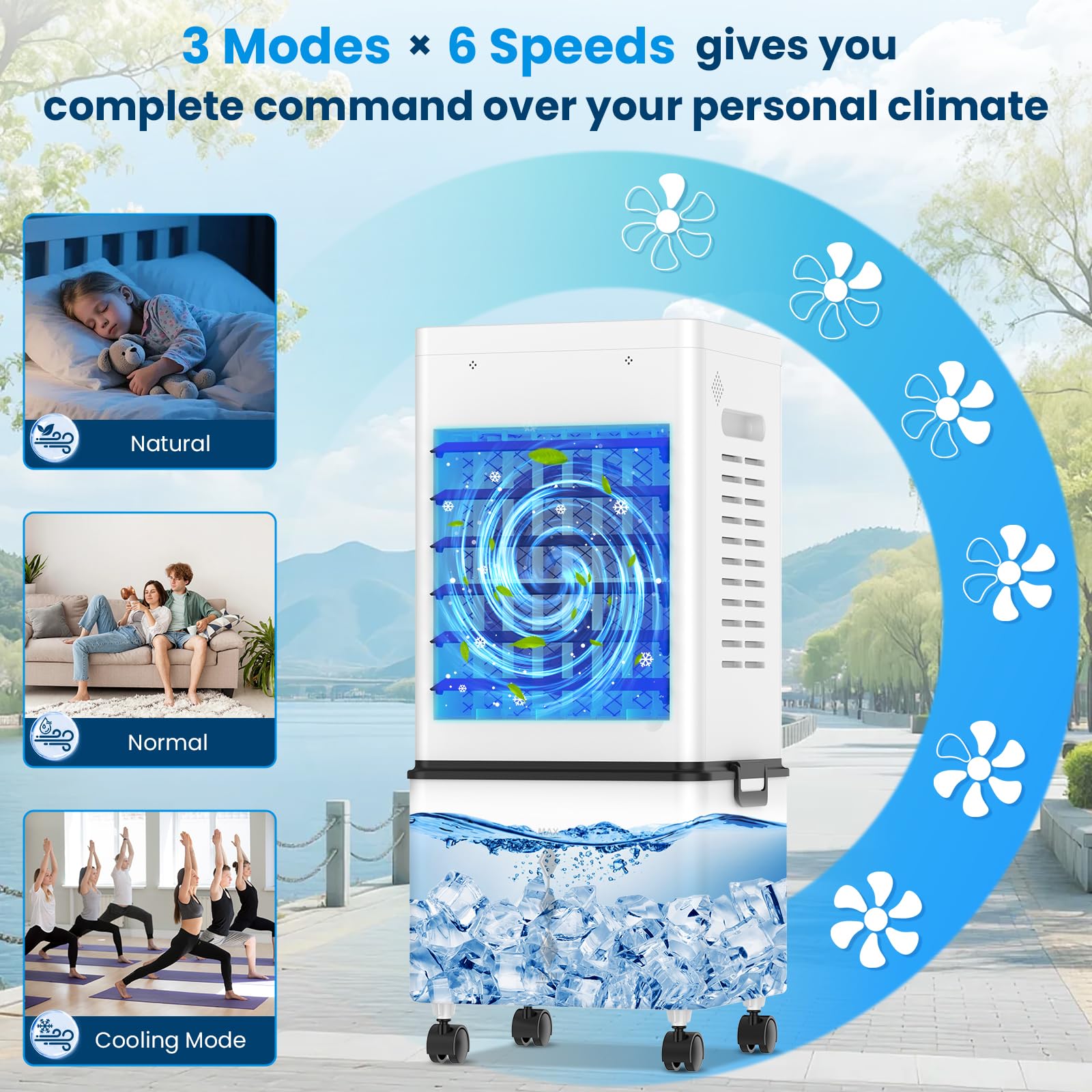 Climatiseur Mobile 12L, Refroidisseur d'Air Évaporatif avec Télécommande, 6 Vitesses et 2 Modes, Minuterie 24H, 4 Boîtes des Glacières, 45W Climatisation Portable pour Maison Bureau Chambre Cuisine