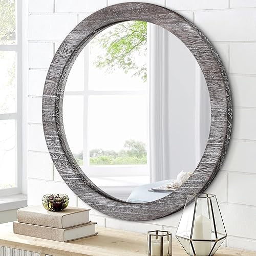 Espejo redondo de pared de 20 pulgadas para baño, espejo circular para el hogar, espejo de marco de madera para sala de estar, dormitorio, entrada y
