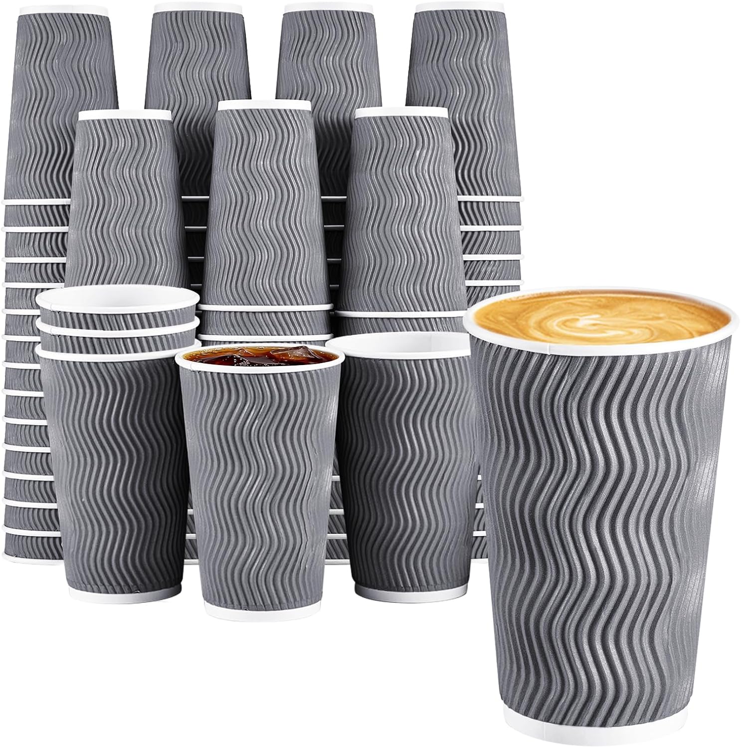 Lamosi 500 Count 16 oz Insulated Coffee Cups Bulk, Disposable Paper Cups No Lids 16oz, Corrugated Ripple Wall Design for Hot Beverage (Grey)