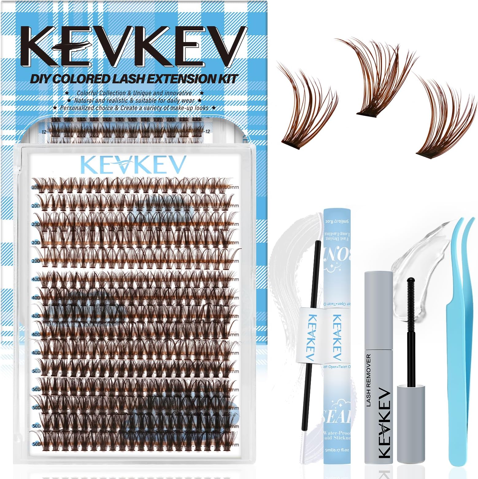 KevKev Lash Cluster Kit 300pcs Brown Lash Extension Kit Eyelash Clusters Kit Brown Lash Extensions D Curl Wispy Lash Clusters with Lash Bond and Seal Lash Remover Eyelash Tweezer(20D+40D+50D,10-18mm)