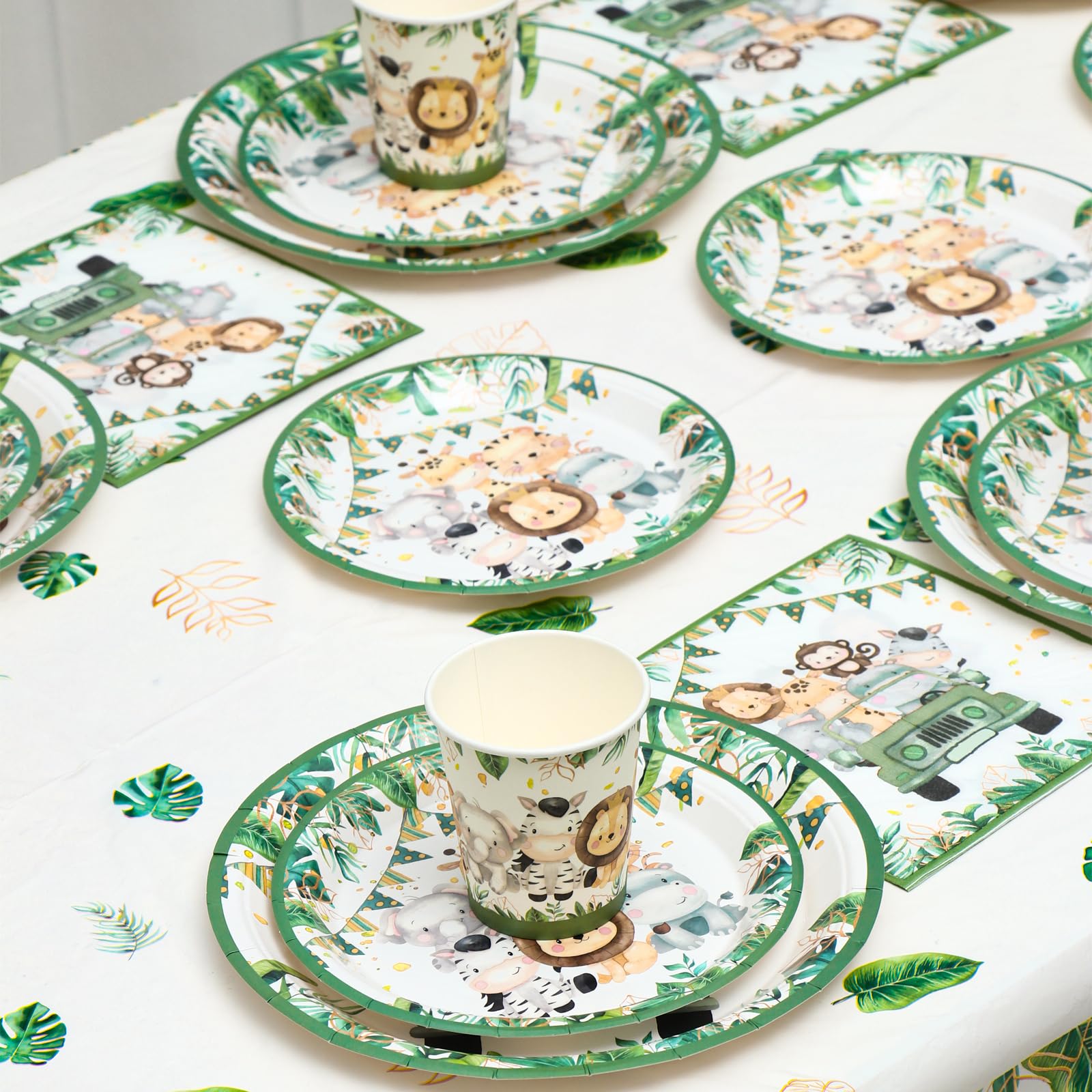 Vajilla Desechable Jungle Safari, 96 Piezas Vajilla Desechable Animale, Verde Salvia Platos Cumpleaños Infantil, Platos Tazas Servilletas Animale para Jungle Safari Cumpleaños Baby Shower 24 Invitados