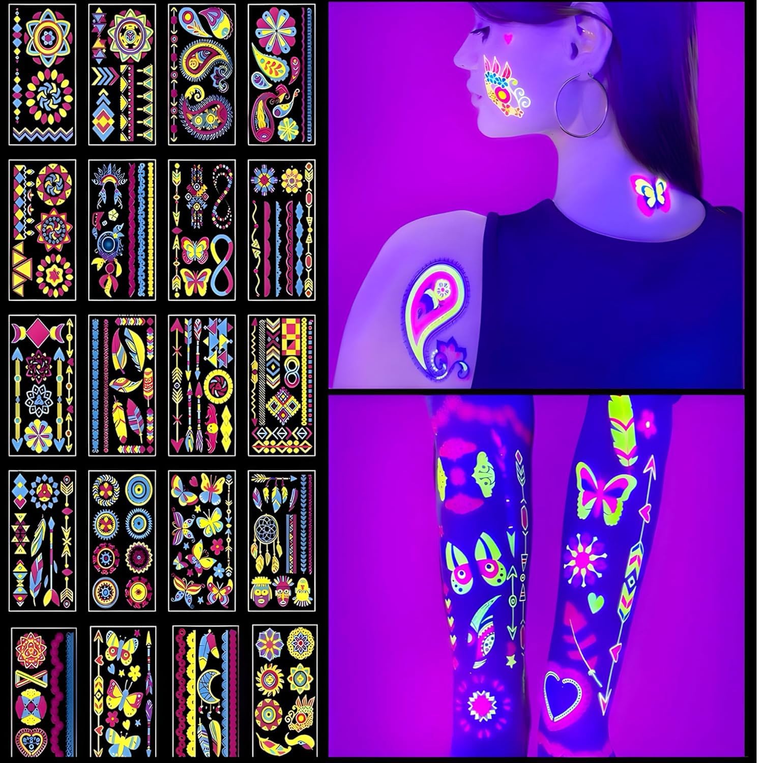 Sponsored Ad – UV Glow in the Dark Temporary Stickers - 20 Sheets Neon Fake Sticker Designs for Kids & Adults, Perfect for Festivals, Party