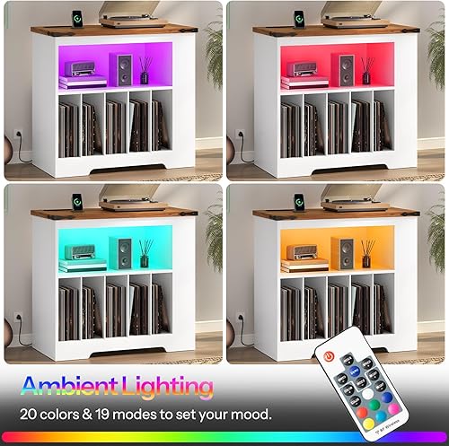 Miniatura 6 de HOOBRO Soporte grande para tocadiscos con estación de carga y luces LED, gabinete de almacenamiento de discos de vinilo con tira de luz de 21