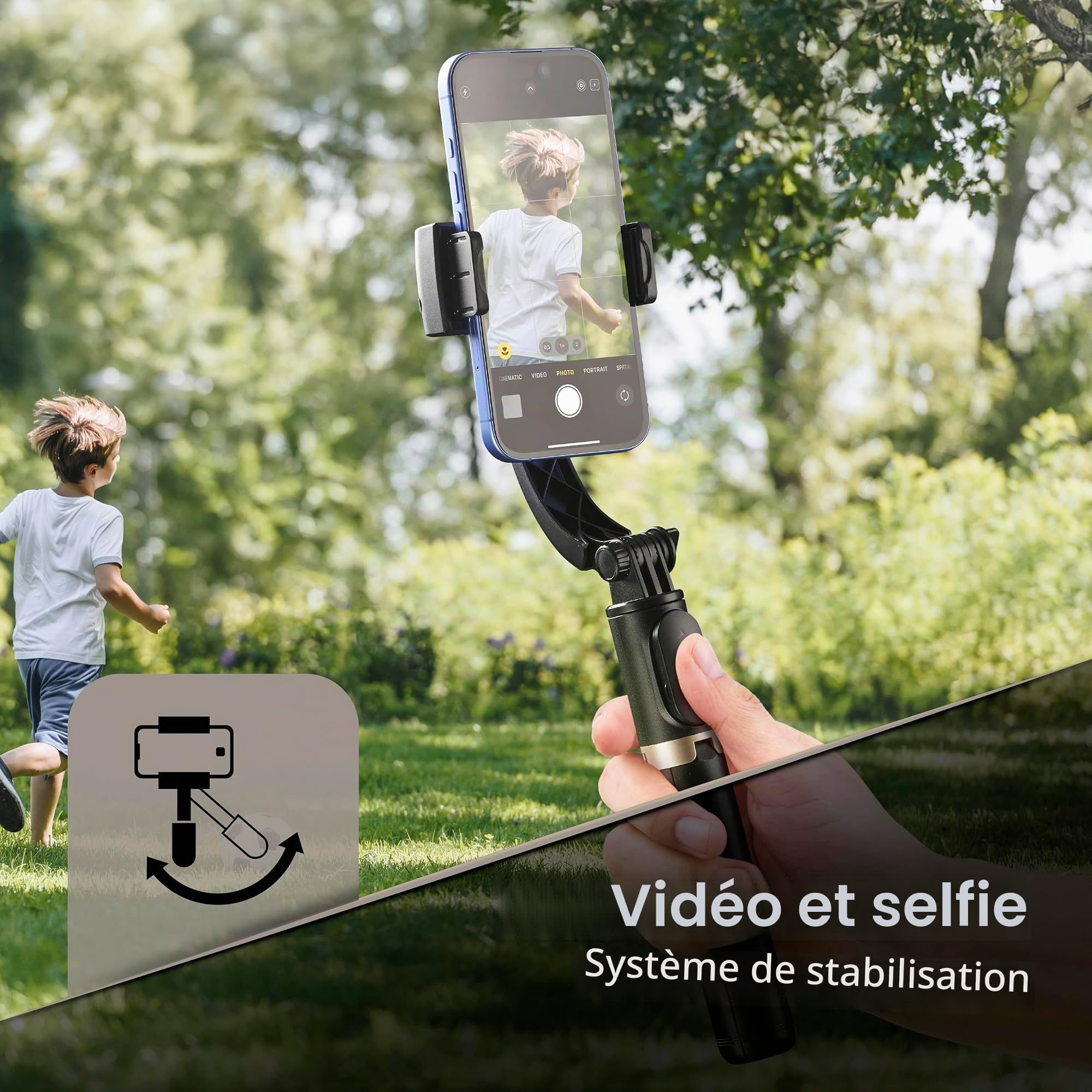 Cellularline FREEMOTION Gimbal 3 en 1 avec stabilisateur Intelligent Anti-Vibrations, Perche Selfie, trépied, télécommande Bluetooth, Aluminium, Prises Verticales et Horizontales, Noir