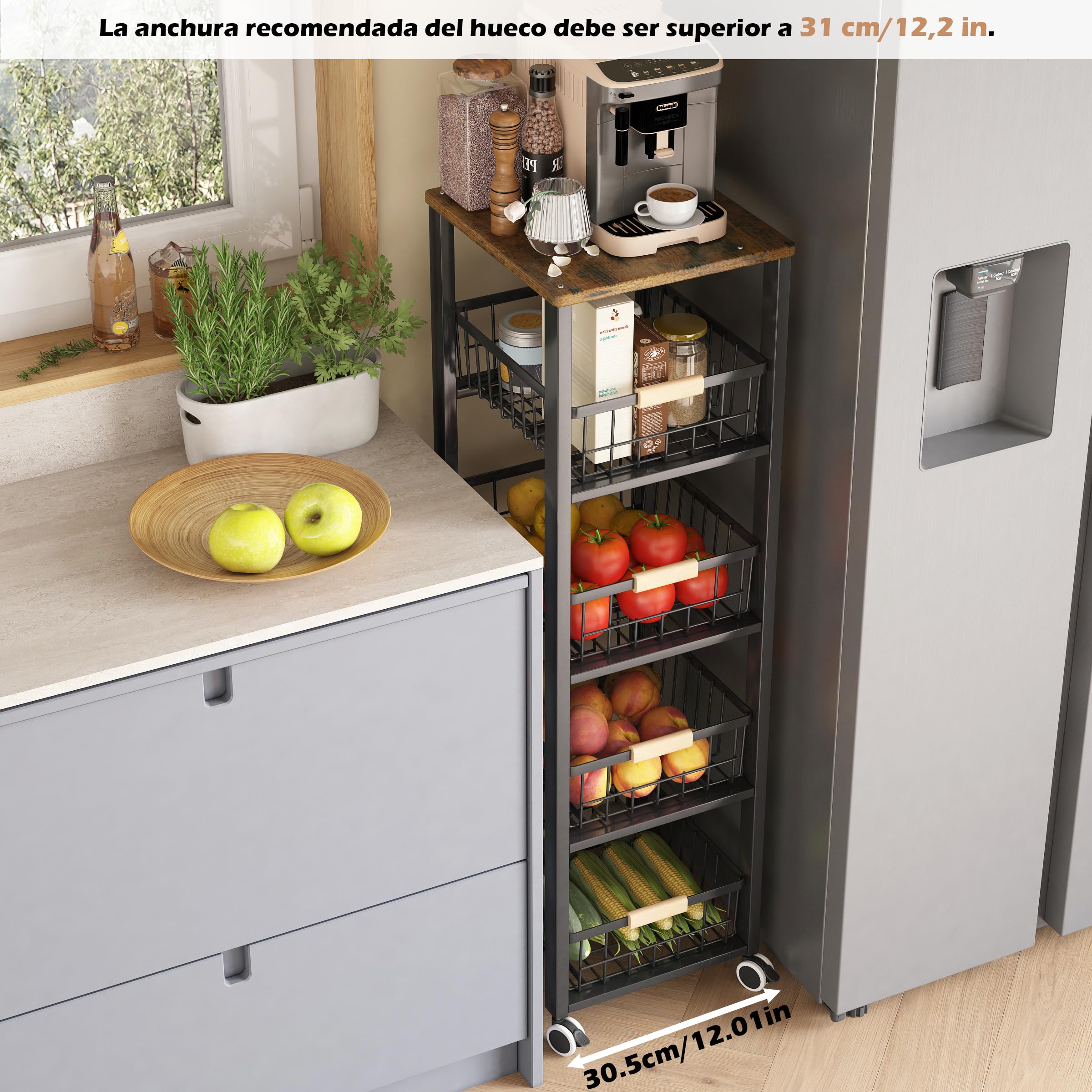 COVAODQ Carrito Cocina,Verdulero Cocina,Carro de 5 Niveles con de Cesta Ruedas bloqueables (Negro)