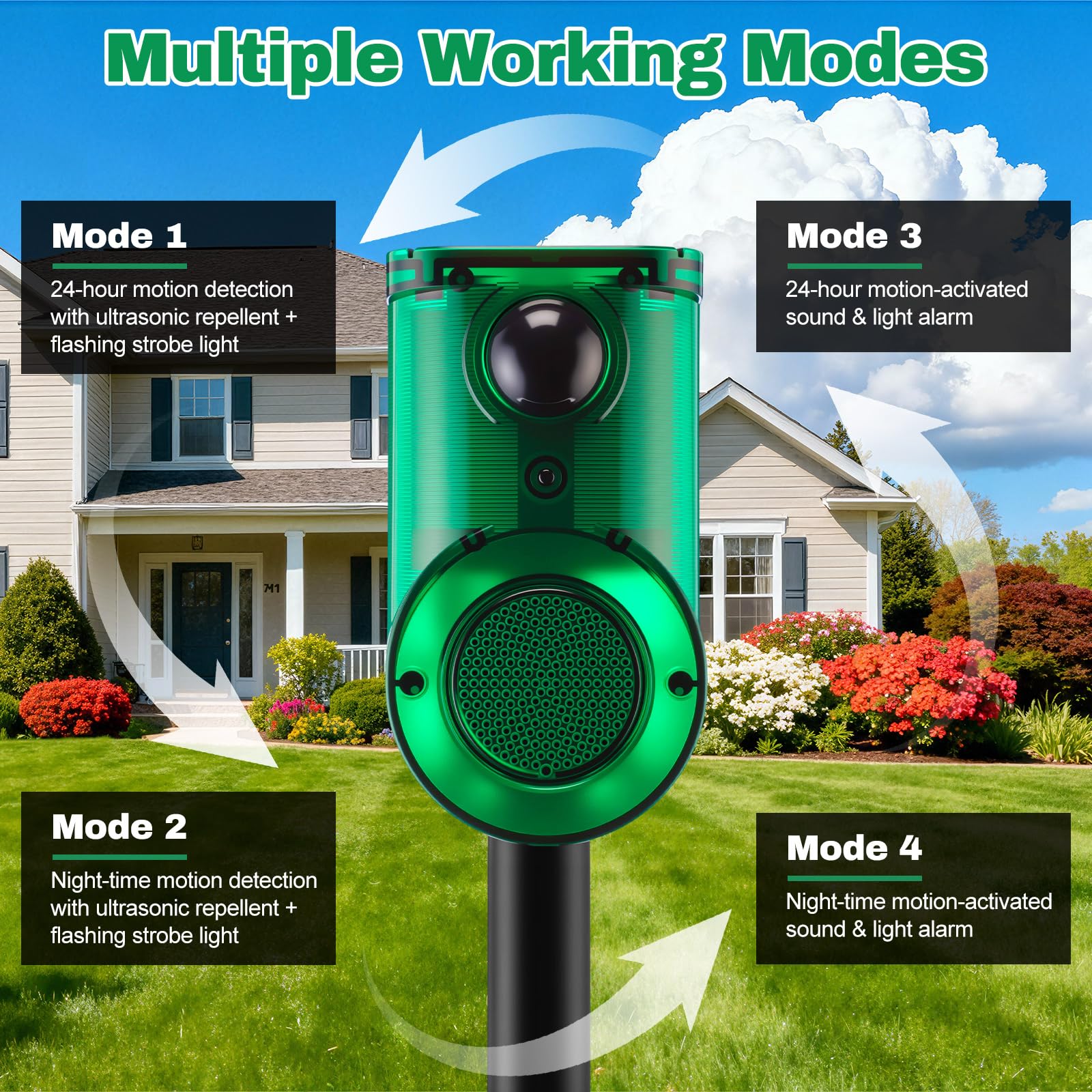 Paquete de 4 alarmas solares con sensor de movimiento ultrasónico para exteriores con estaca, ultrasonido Woking de 4 modos y alarmas de ruido fuerte de 129 db, detector de movimiento con