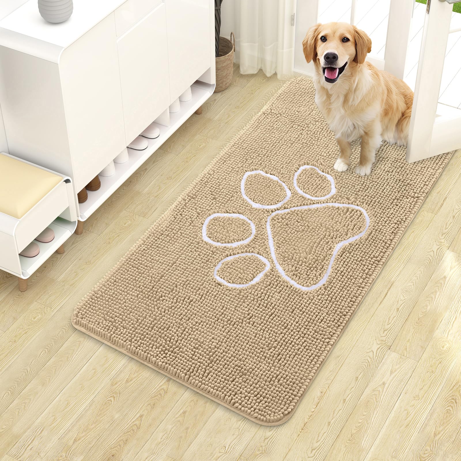 OLANLY Dog Door Mat for Muddy Paws 40x24, Paw Print Design Chenille Mud Mat