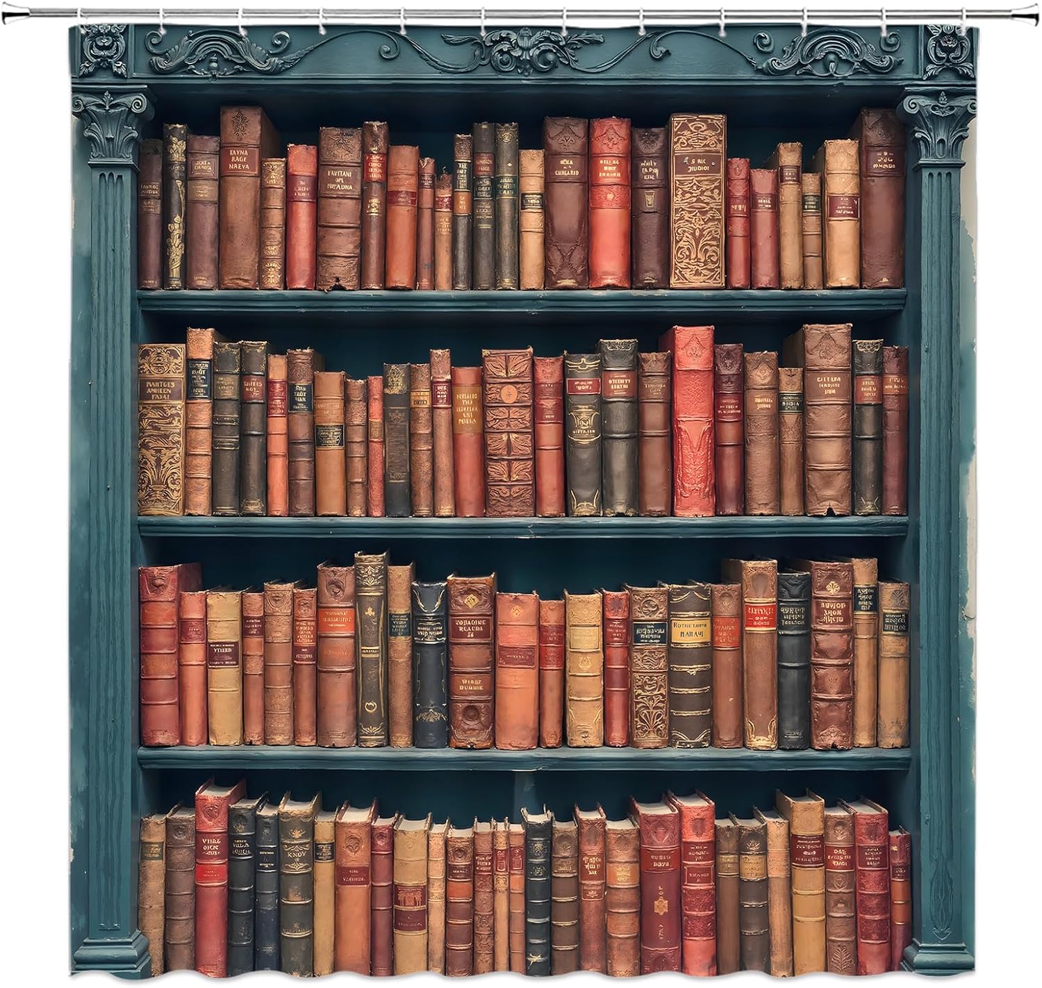 Library Bookshelf Shower Curtain Vintage Books Literature Study Educational Blue Wooden Bookcase Reading 70" Wx84 H Fabric Bathroom Decor Curtain with Hooks