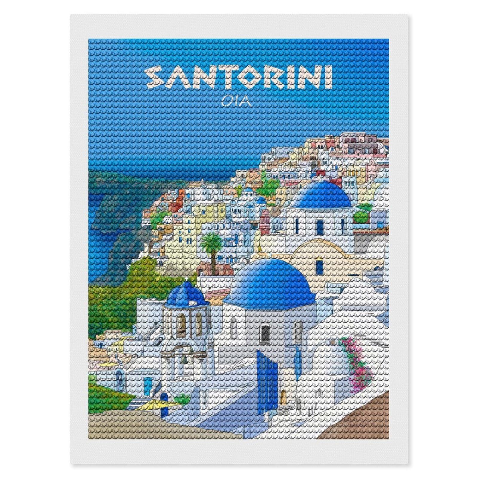 Junmoney Santorini Oia Greece Travel Illustration DIY Diamond Art Canvas Kit 12"x16", Pleasing Wall Art Project, Easy Handmade Project, Living Room Decor